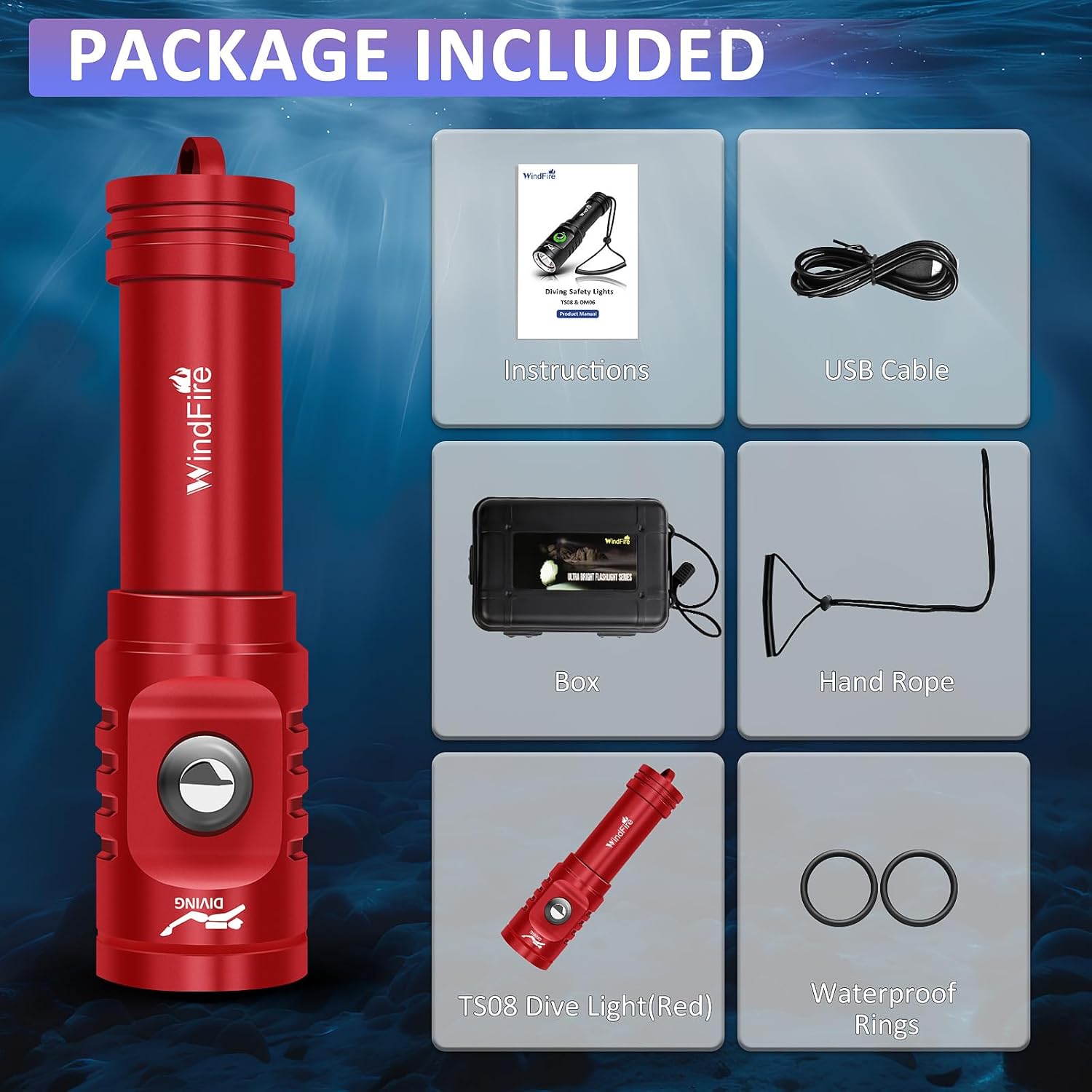 WINDFIRE TS08 Dive Light Super Bright, Scuba Flashlight Rechargeable, IP68 Waterproof 197 ft Depth Underwater Flashlight, 3 Modes & Power Indicator, Snorkeling Torch for Night Diving - Image 6