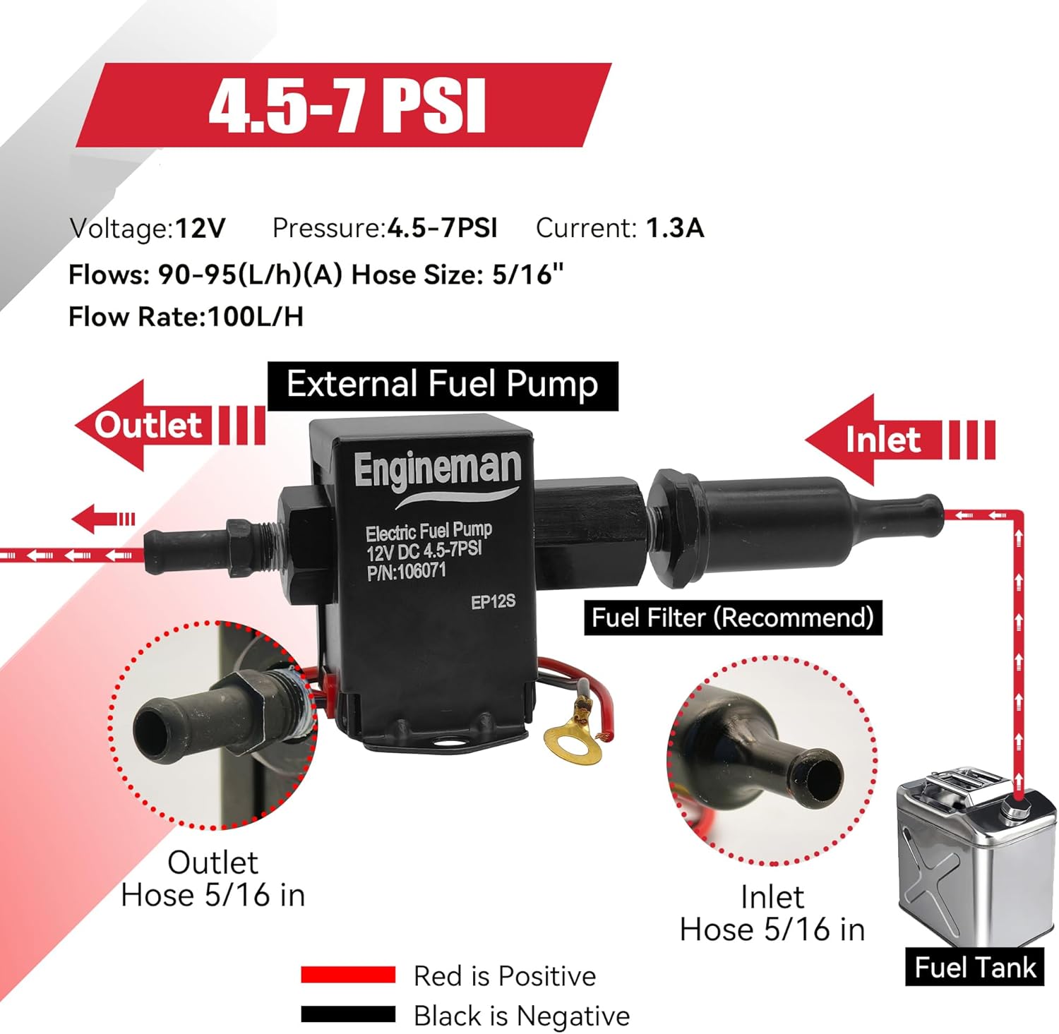Universal Electric Fuel Pump Kit 12V 4.5-7psi Electric Fuel Pump with Mounting Bracket, Fuel Filters, Hose Clamps, 6.56 FT 5/16" ID Fuel Line - Image 4