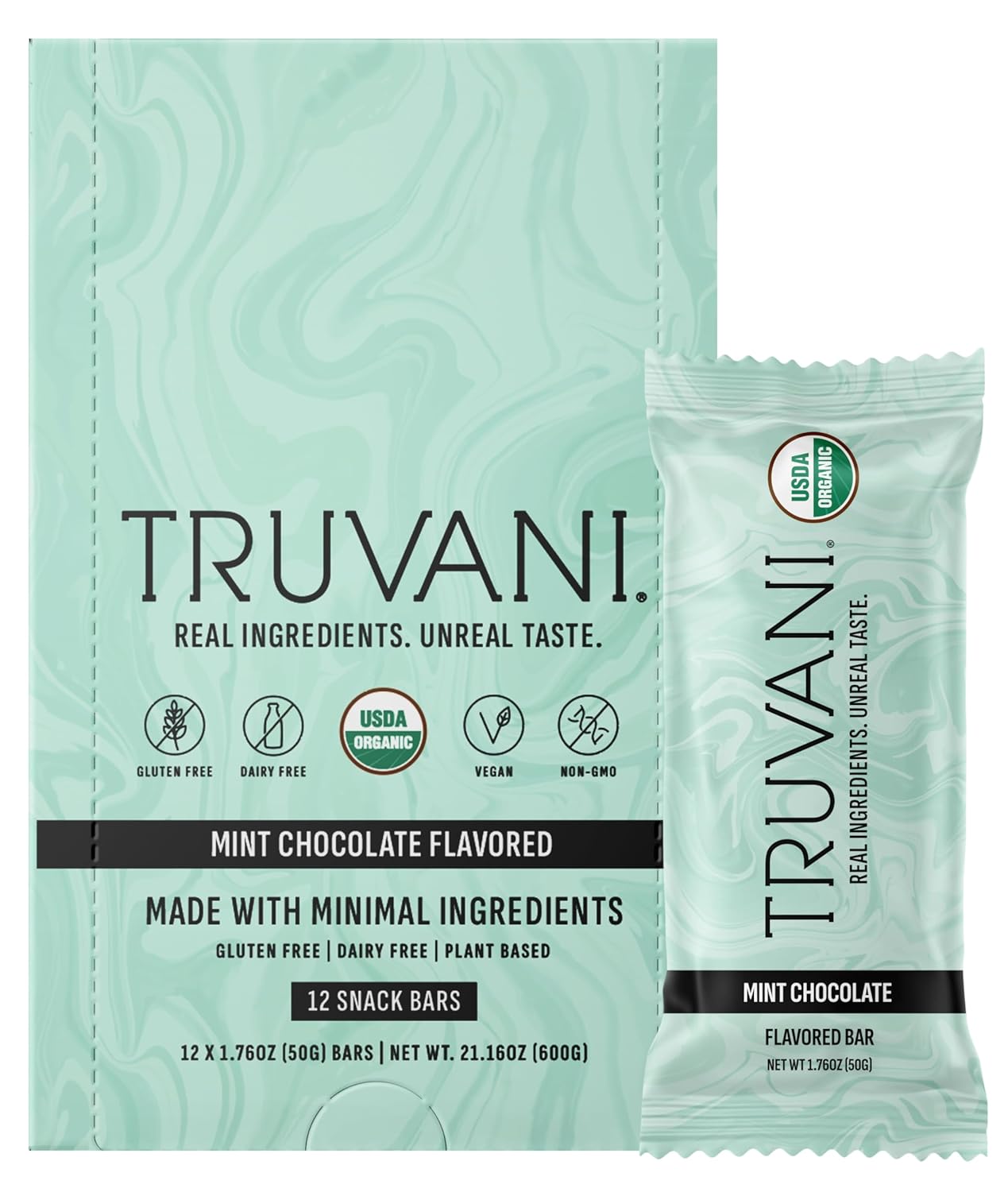 Truvani Plant Based Snack Bars | Chocolate Mint 12 Pack | 7g Protein | USDA Organic and Vegan | The Only Bar | Dairy, Soy, and Gluten Free | Individually Wrapped