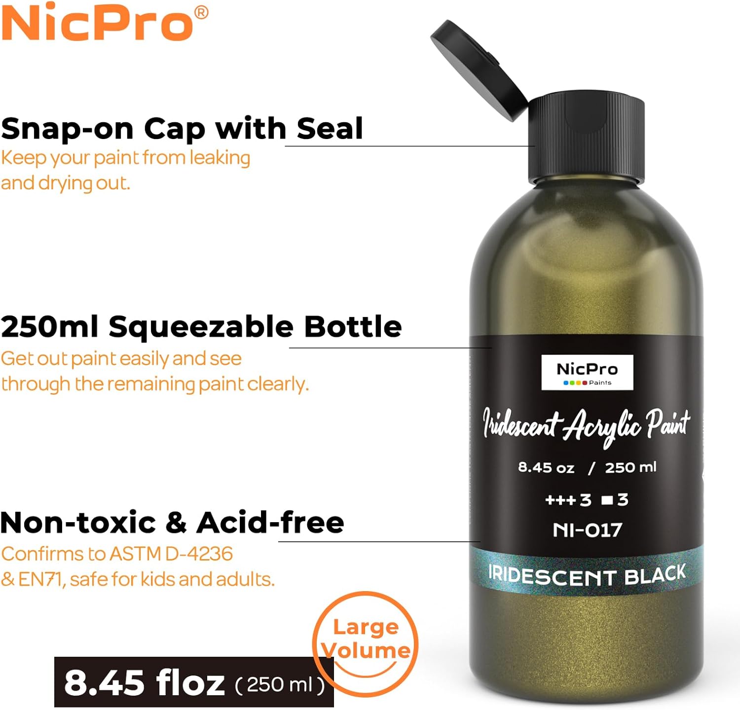 Nicpro Iridescent Black Acrylic Paint, 8.45oz / 250ml Large Bottle Black Metallic Acrylic Paint, Color Shifting & Non-Toxic Art Painting Supplies For Craft Canvas Fabric Rock Wood Ceramic Metal - Image 2