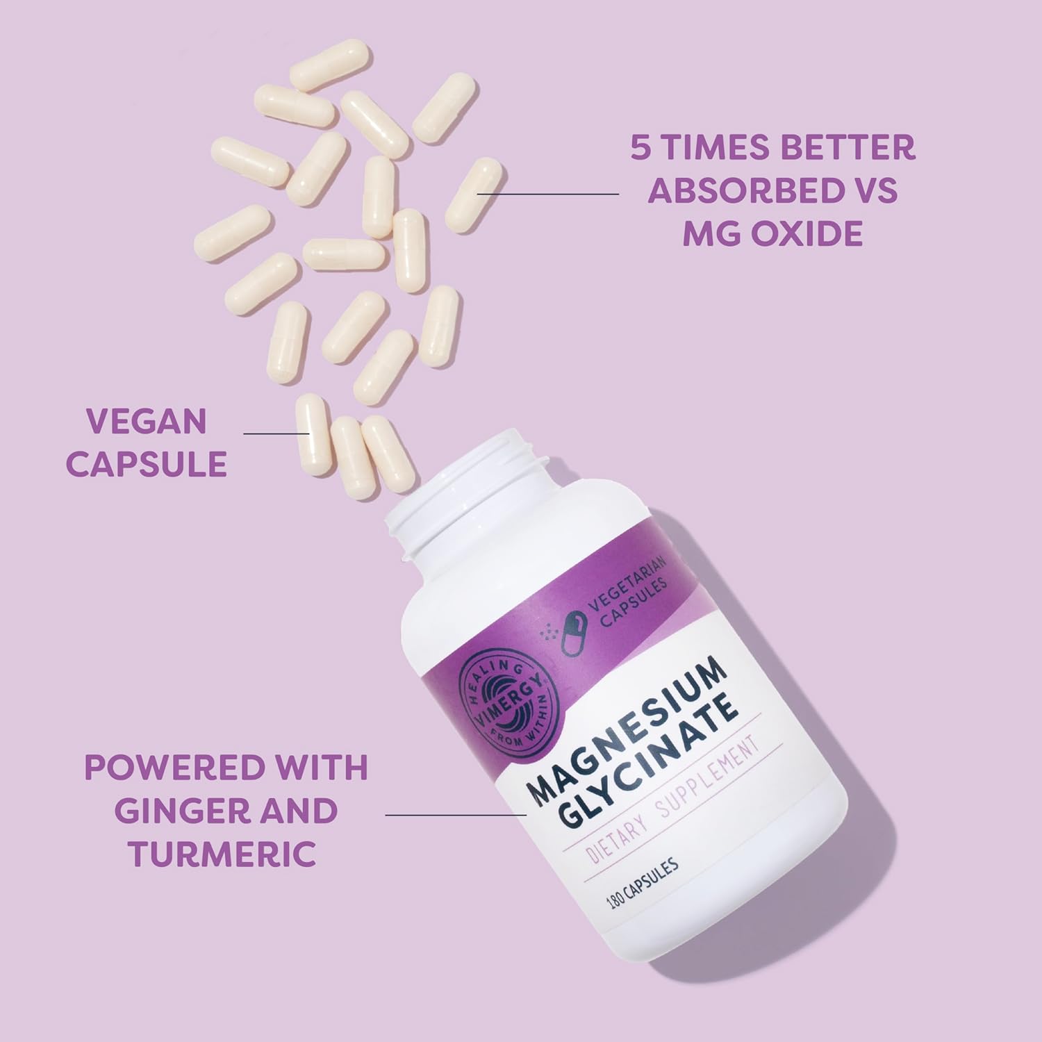 VIMERGY Magnesium Glycinate – Stress Support – Chelated to Avoid Tummy Upset*– Promotes Heart Health & Energy*– Kosher, Vegan Gluten-Free – 180 Caps - Image 4
