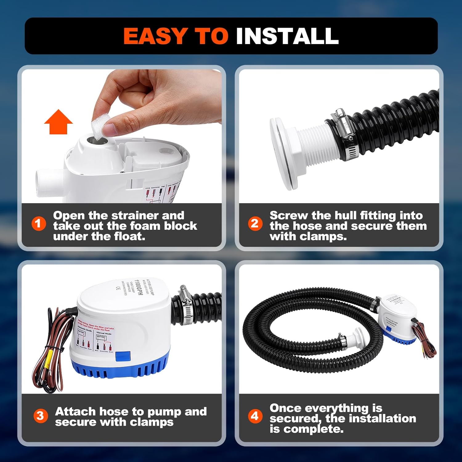 1100 GPH Automatic Boat Bilge Water Pump 12V, 1-1/8 Inch Dia Bilge Pump Plumbing Kit with 6FT Hose, 2 Clamps, Thru-Hull Fitting, Ideal for Fishing Boats, Cruisers, Runabouts, Yachts - Image 5