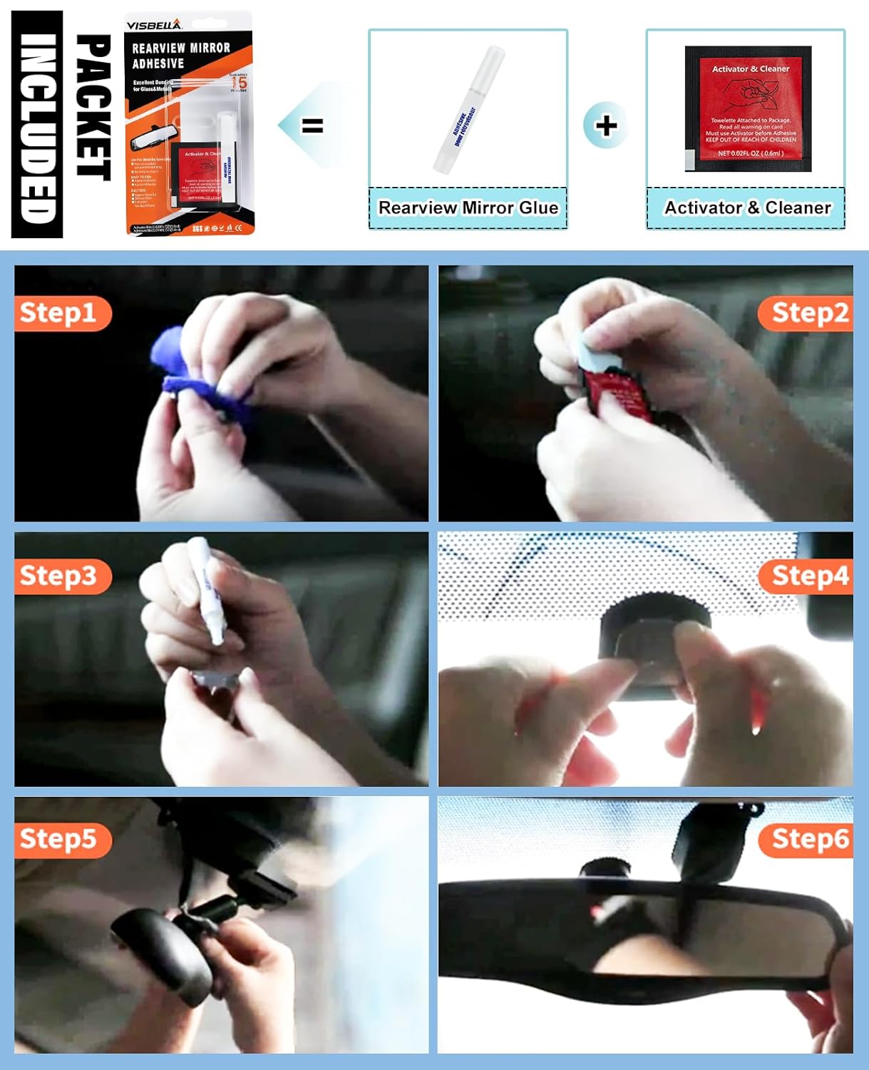 Visbella Rearview Mirror Adhesive Repair Kit Rear View Mirror Glue for Windshield Excellent Bonding for Glass & Metal - Image 6