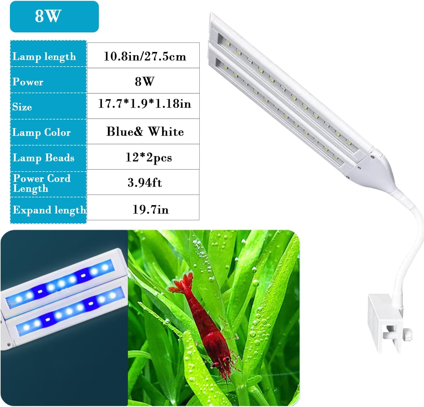 LED Aquarium Light Full Spectrum Clip Fish Tank Light Plants Light 360° Adjustable 2 Light Bar Super-Bright 8W Suitable for 20-40 Gal Fish Tank - Image 2