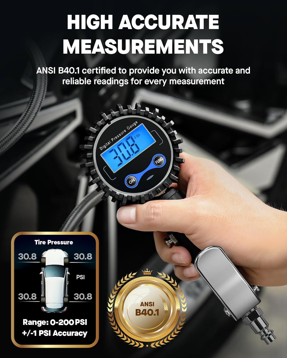 Vondior Digital Tire Inflator with Pressure Gauge 200 PSI - Large 2" Digital Dial, Heavy Duty Air Chuck and Compressor Accessories with Tire Tread Depth Gauge and Quick Connect Coupler Car Accessories - Image 4