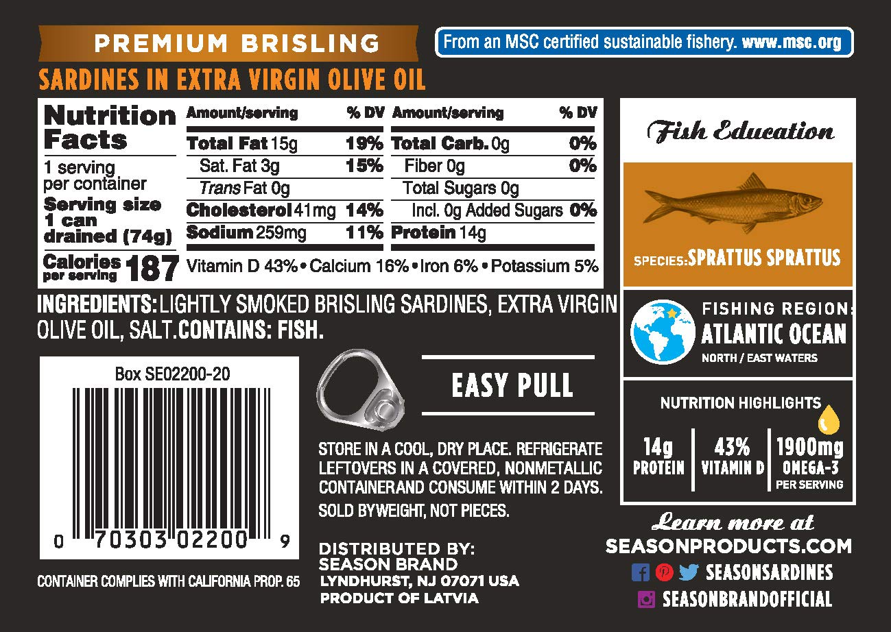 Season Brisling Sardines in Extra Virgin Olive Oil - Wild Caught, 14g of Protein, Keto Snacks, More Omega 3's Than Tuna, Kosher, High in Calcium, Canned Sardines, Two Layers - 3.37 Oz Tins, 12-Pack - Image 2