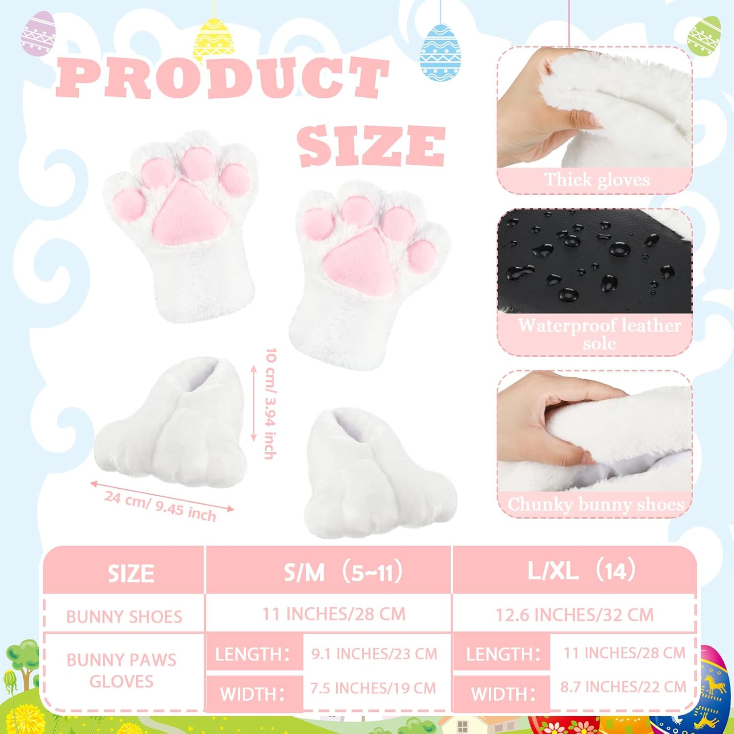 Giegxin 2 Pcs Easter Rabbit Costume Feet Hand Gloves Set White Plush Bunny Paws Shoes Slippers for Women Adult - Image 2