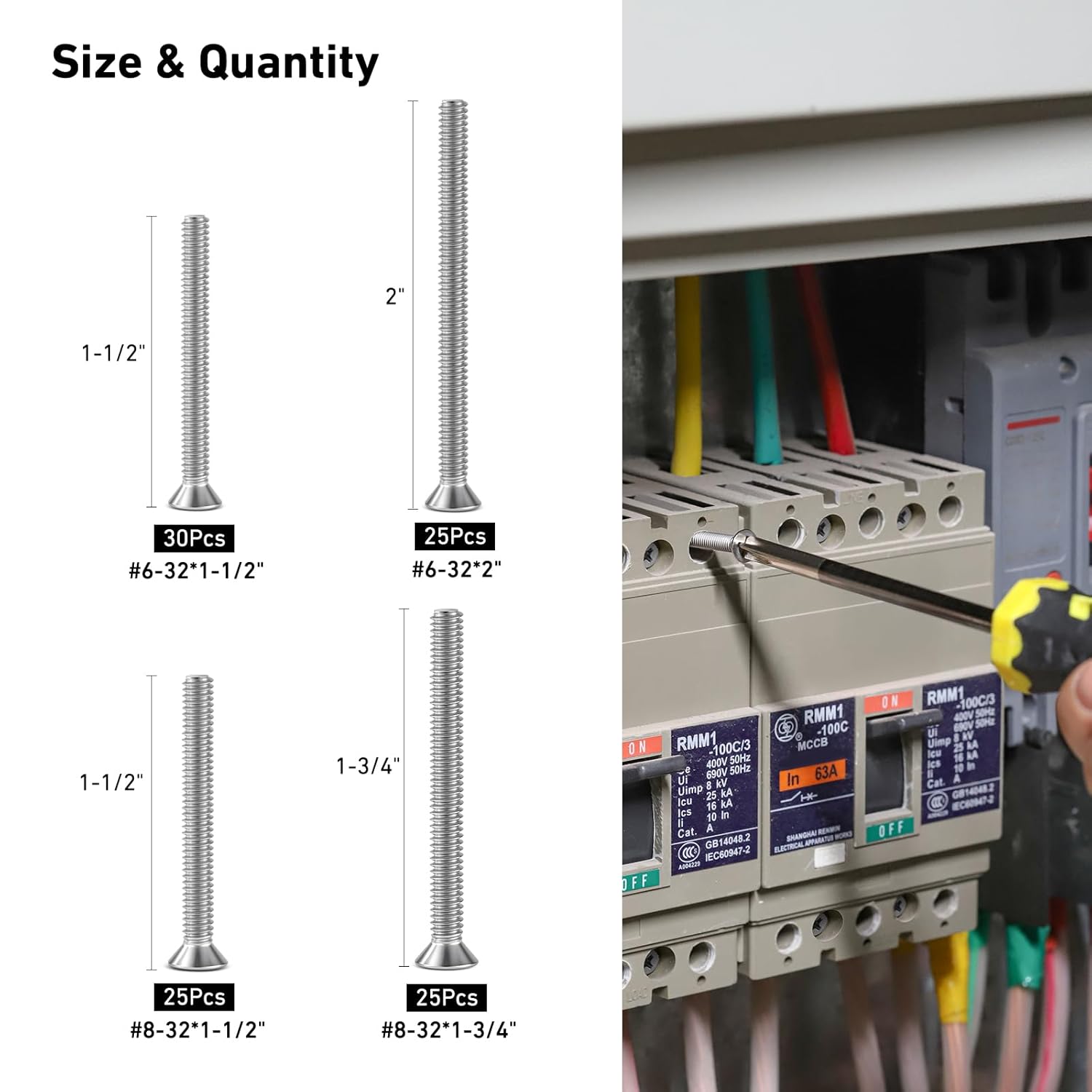 VGBUY 105Pcs Extra Long Outlet Screws Machine Electrical Screws Kit,#6-32#8-32 Phillips Flat Head 304 Stainless Steel for Wall Plate Switch/Outlets,Mounting Electrical Extender - Image 4