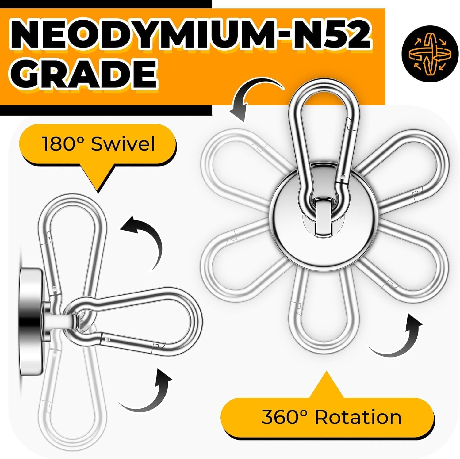 VNDUEEY 100Lbs Strong Magnetic Hooks, 4 Pack Neodymium Grade-52 Magnet Hooks Heavy Duty with Swivel Carabiner Hook for Hanging, Cruise, Garage, Refrigerator, Kitchen, Office, Home - Image 6