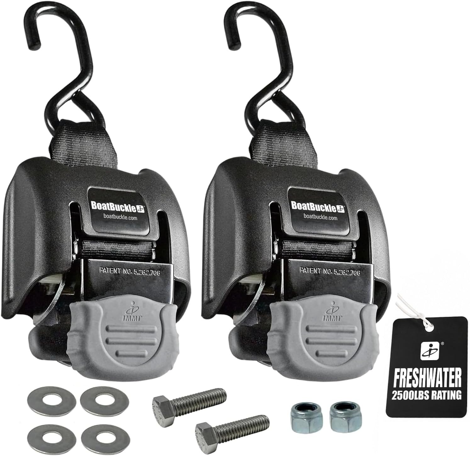 BoatBuckle G2 Transom Boat Tie Down Straps to Trailer 2x43-Inch, 2500lbs Break Strength, Bolt On Retractable Ratchet Straps Heavy Duty, 2-Pack