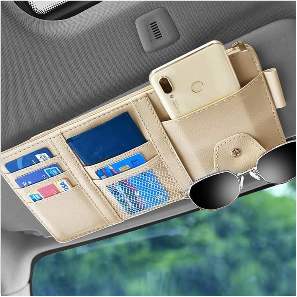 Car Sun Visor Organizer, Auto Car Interior Leather Accessories Storage Pocket Sun Visor Pouch Case Bag for Card License Registration Pen Mobile Phone Bill Note Key Document (Beige) - Image 4