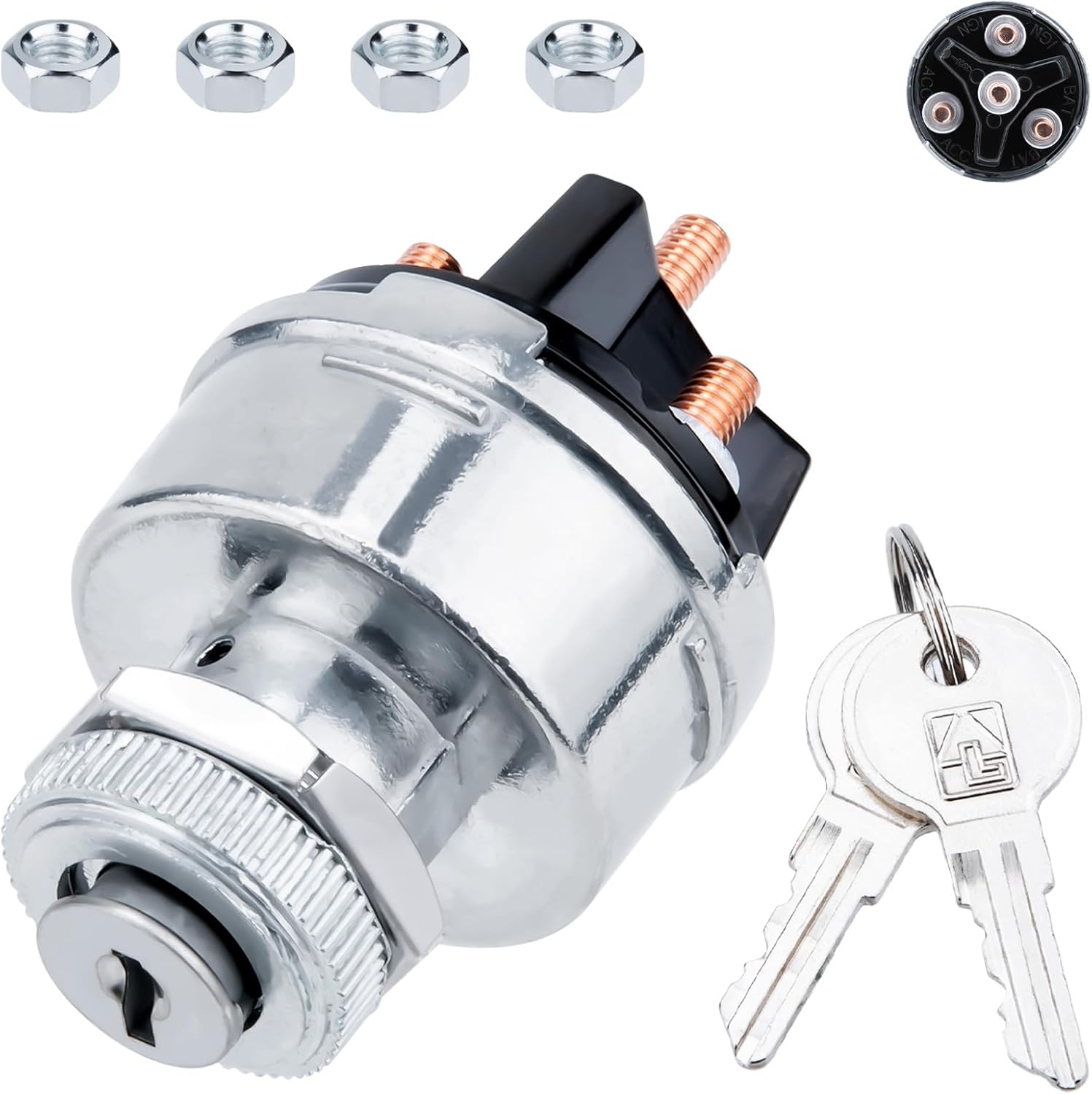 Ignition Switch with Key, Universal Ignition Key Switch, 12V 4 Position Starter Key Ignition Switch, Fits Most Car, Truck, Tractor, Trailer, Forklift, and More, Acc/Off/IGN/Start 4 Terminal