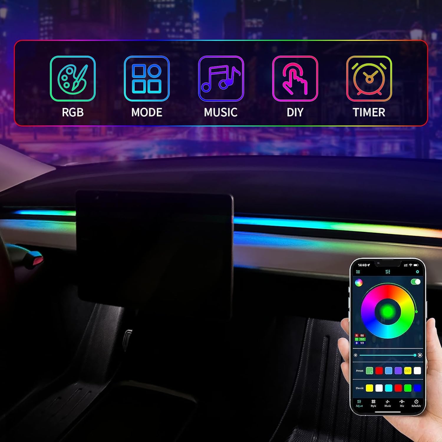 Uxcer 2025-2021 Tesla Model 3/Y Interior Neon Lights for Dashboard, RGBIC Color Changing LED Strip Lights with App & Remote Control,Tesla Model 3/Y Accessories(Not Fit for M3 Highland & My Juniper) - Image 4