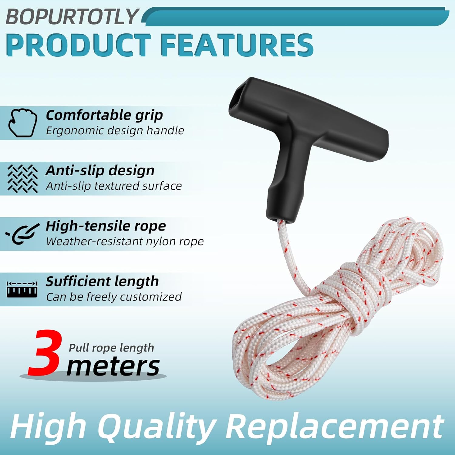 10 ft (3.5mm) Heavy Duty Nylon Recoil Starter Rope with Ergonomic Handle, Universal Pull Cord Replacement for Lawn Mower, Chainsaw, Generator & Small Engines - Image 2