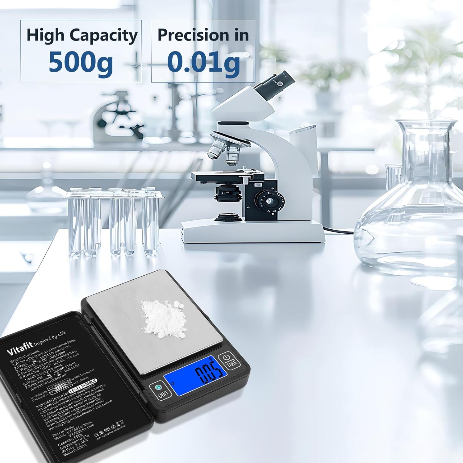 Vitafit 500g Digital Gram Scale in 0.01g, High Accuracy Assured by Built-in Level Bubble, Scale Professional Since 2001, Pocket Scale for Multi-Function: Kitchen, Food, Jewelry, Lab, Coffee, Black - Image 3