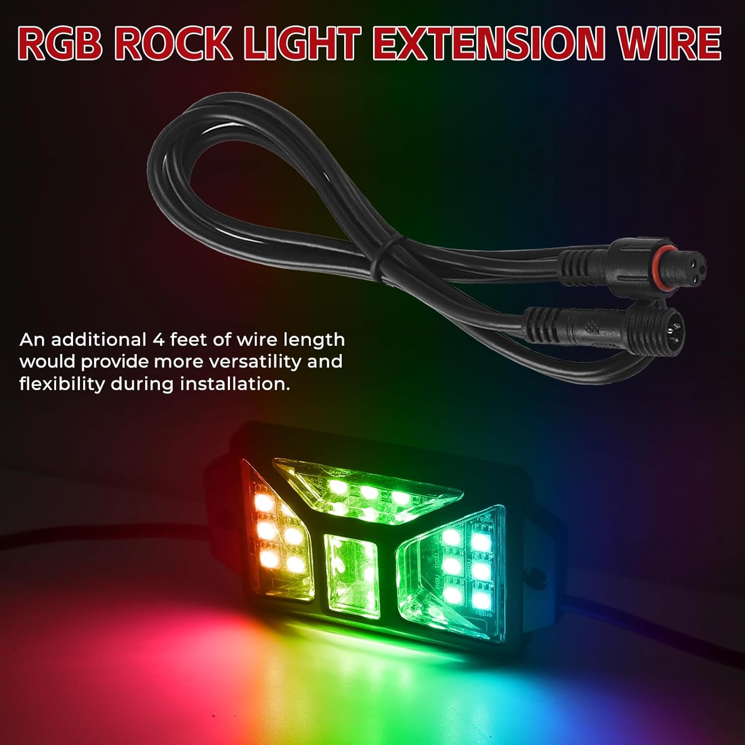 4 PCS 4FT 3 Pin RGB Rock Light Extension Wire, Design for Our Brand's Rock Lights, Other Brands Must Meet The Conditions of which Length of The Male Plug is 0.24 Inches and The Female is 0.39 Inches - Image 6