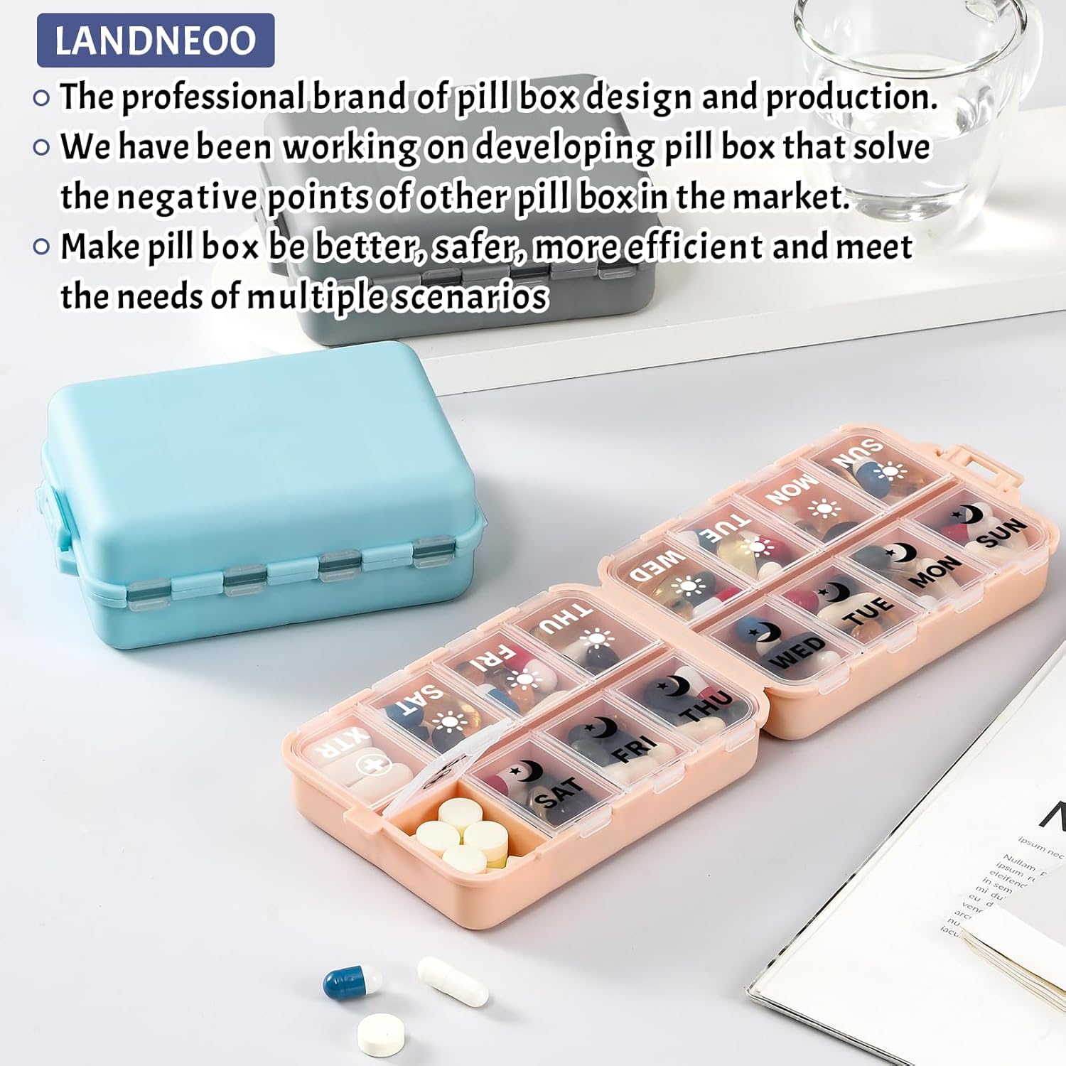 Foldable Weekly Pill Organizer 2 Times a Day with 2 Extra Compartments (Clear Printed Labels) - Portable 7 Day AM PM Medicine Box, Week Daily Travel Pill Case Holder for Vitamin, Supplement - Sky Blue - Image 7