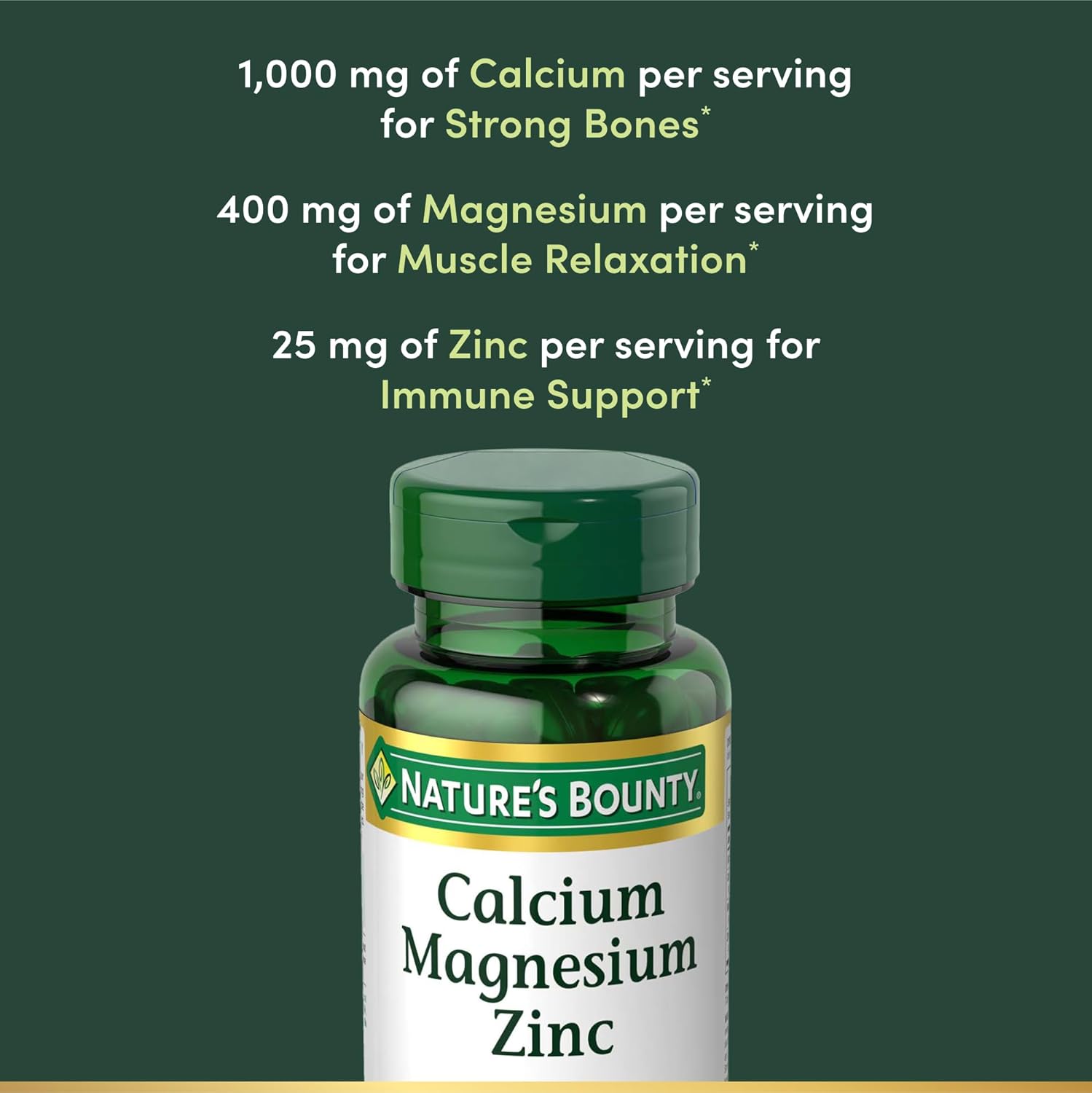 Nature's Bounty Calcium Magnesium & Zinc Caplets, Immune & Bone Health, Daily Supplement, 1000mg Calcium, 400mg Magnesium, 600 IU Vitamin D, Gluten Free, 100 Caplets - Image 3