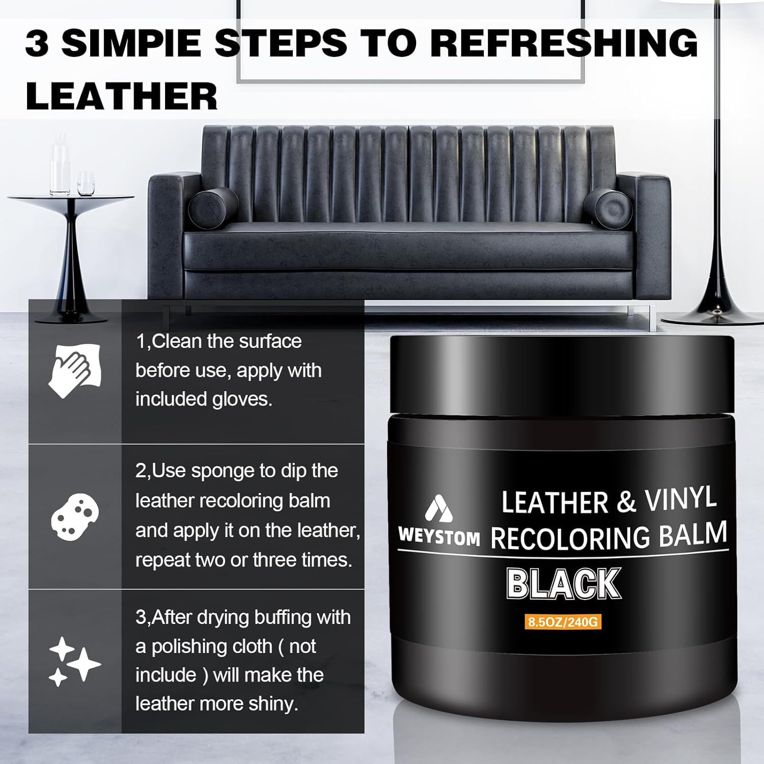 Leather Recoloring Balm - Black Leather Repair Kit for Furniture, Dye, Recolor, Renew, Repair & Restore Aged, Faded, Cracked, Peeling and Scuffed - Image 5