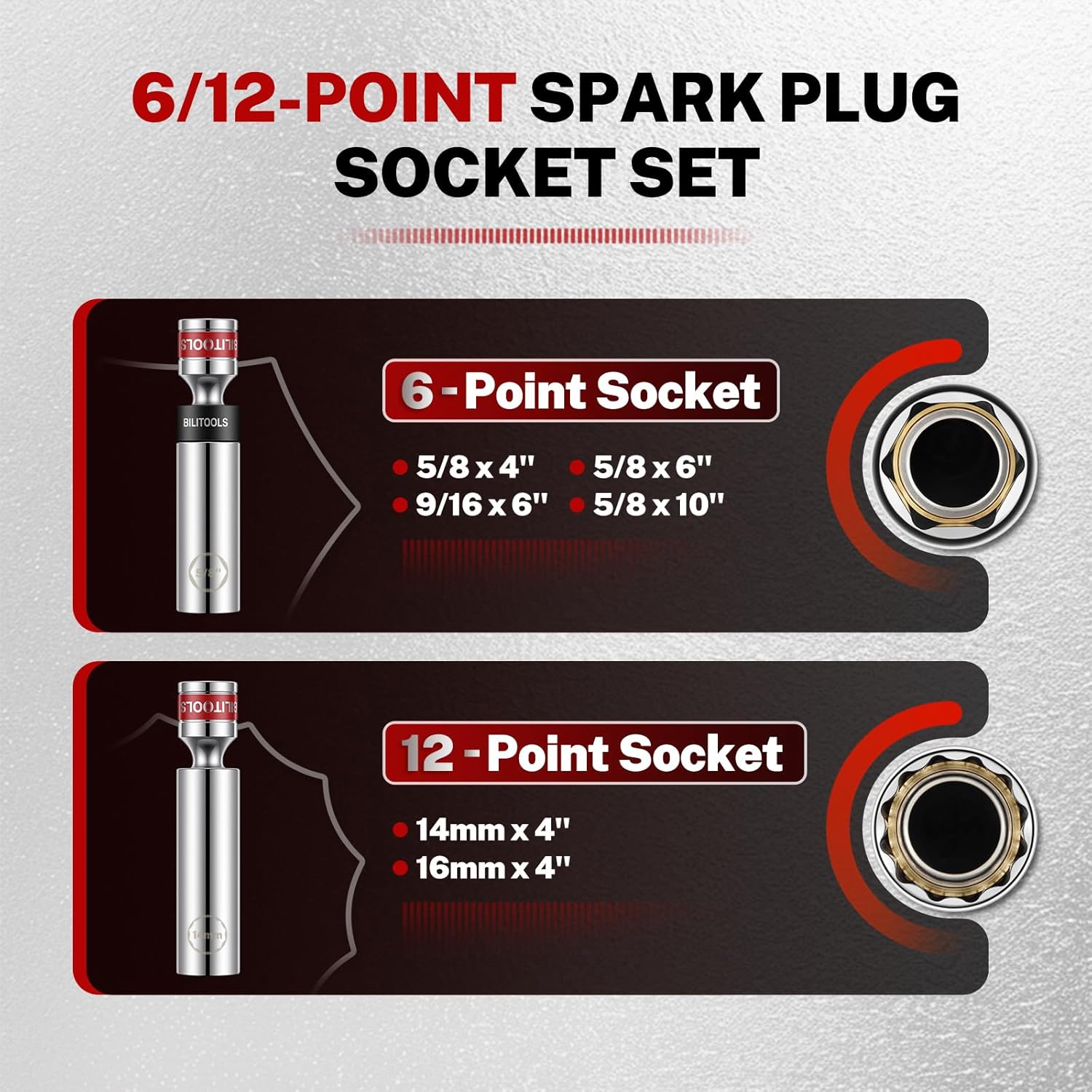 BILITOOLS 7 Piece Magnetic Swivel Spark Plug Socket Set with Gap Tool, 3/8-Inch Drive, 9/16'', 5/8'', 14mm, 16mm, 6 & 12 Point, CR-V - Image 8