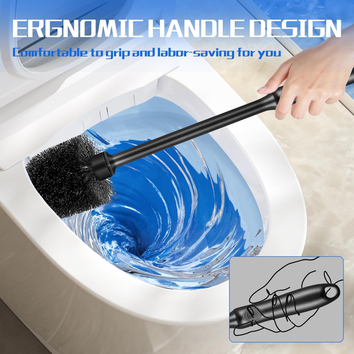AONEZ Toilet Brush and Holder Set, 2 Pack Long-Handle Toilet Brush, Non-Slip Grip, Nylon Bristles, Deep Cleaning for Bathroom, Toilet Scrubber- Black - Image 3