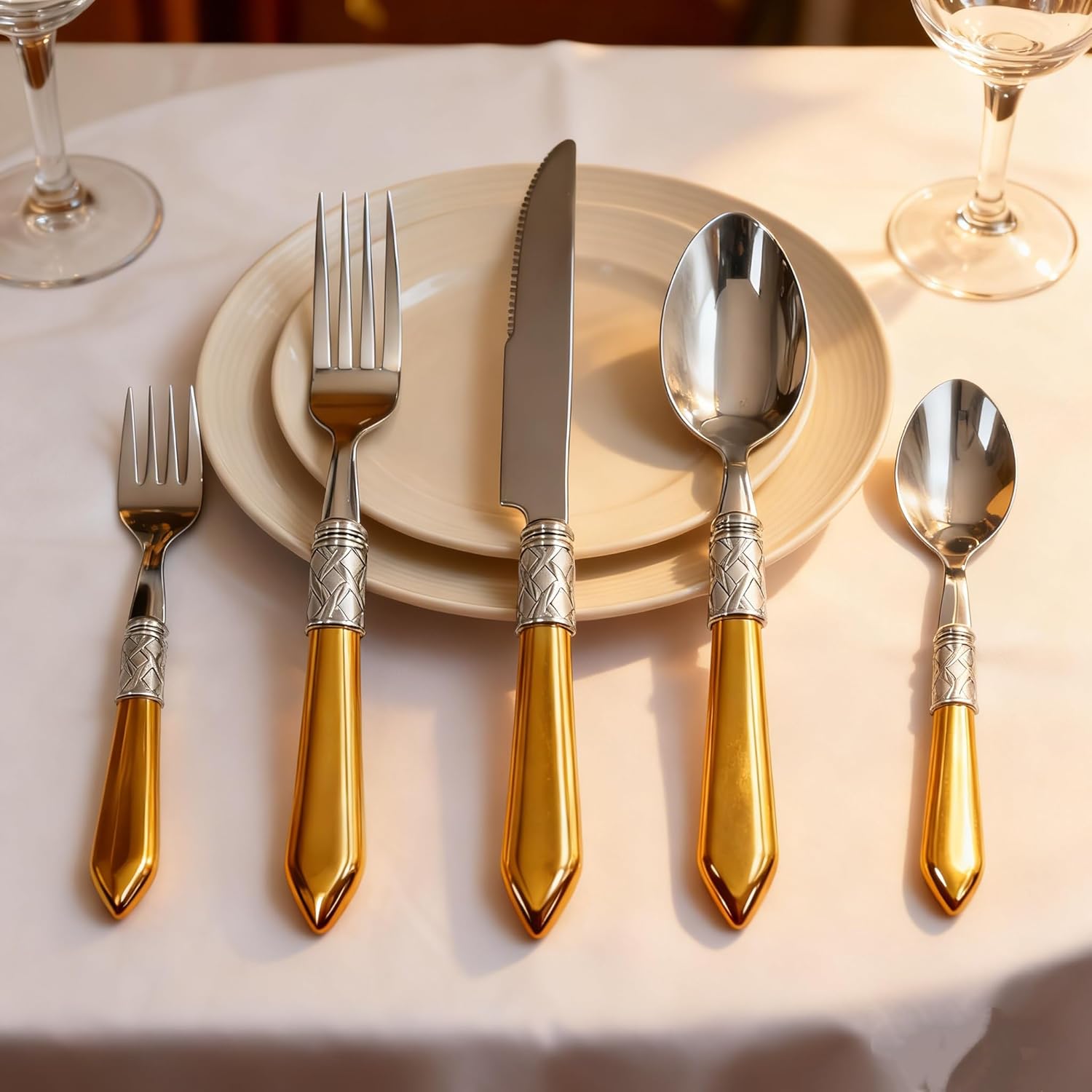 HiFind 20 Piece Silverware Set Service for 4, Flatware Set, Premium Stainless Steel Cutlery, Mirror Cutlery Utensil Set, Polished Include Fork Knife Spoon, Dishwasher Safe (Yellow, 20Piece for 4) - Image 3