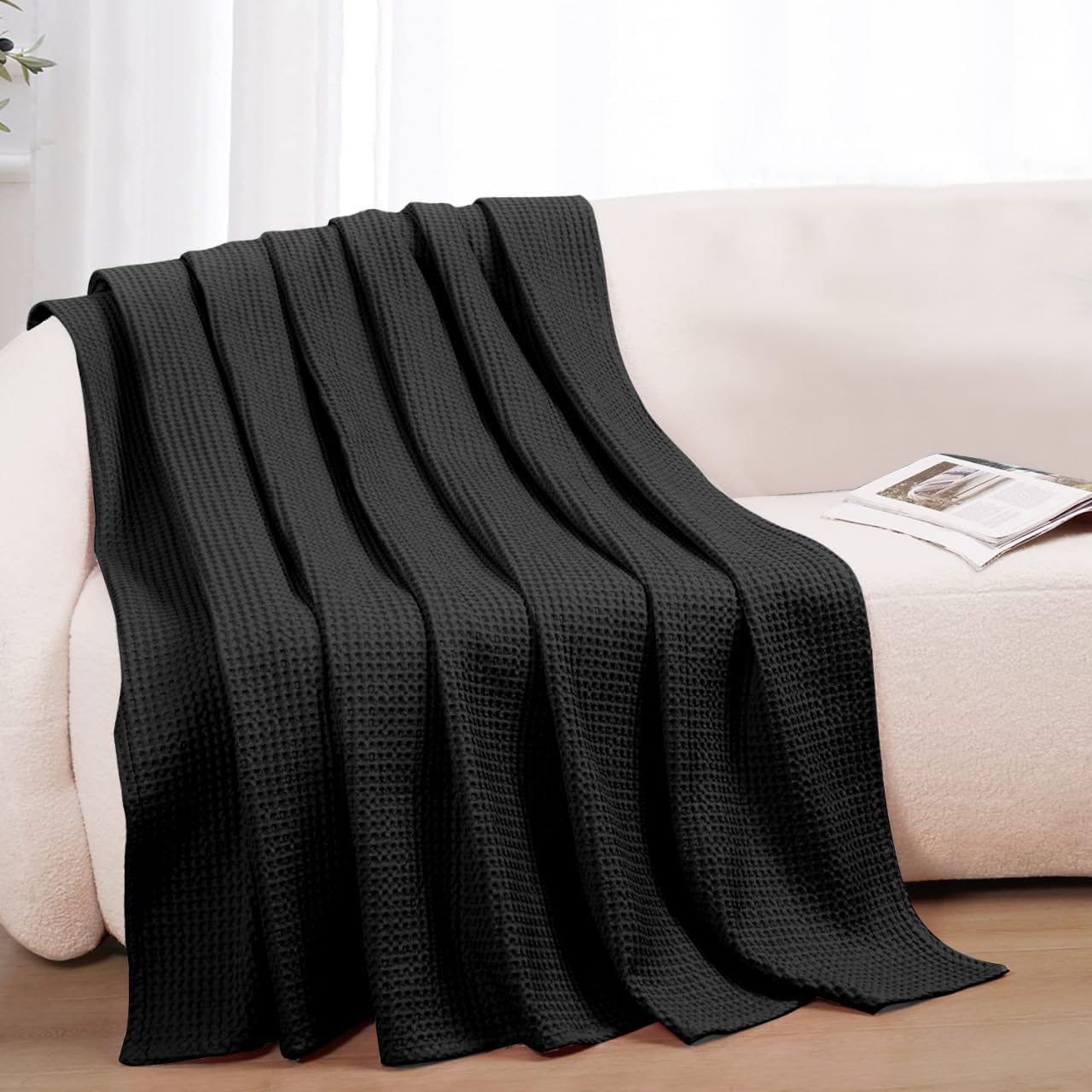 100% Cotton Blankets for Bed - Waffle Weave Blankets for Summer, Lightweight and Breathable Soft Woven Blanket for Spring (Black, Throw (50" x 60")) - Image 6