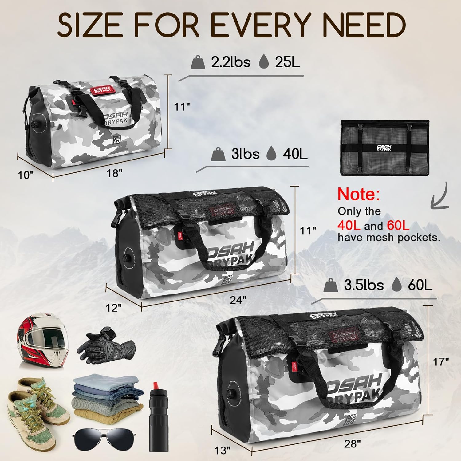 OSAH DRYPAK Waterproof Duffel Bag - Motorcycle Dry Bag Tail Bag with Large Storage Space, Waterproof Luggage Duffle Bags with Outer Mesh Zipper Pocket for Camping, Kayaking, Fishing & Traveling - Image 2