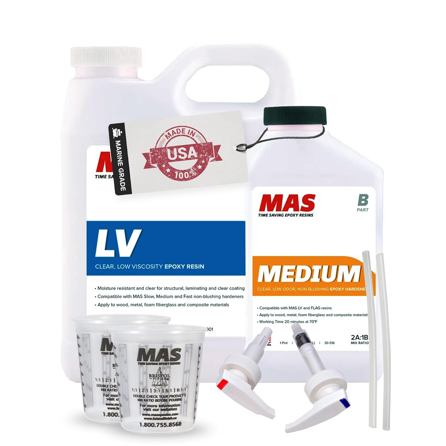 MAS Epoxies Marine Epoxy Resin Kit (1.5-Quart, Medium) 2:1 High Performance Non-Blushing Self-Leveling Hardener for Boat and Wood Repair, Fiberglass Repair Kit with Cups and Pumps