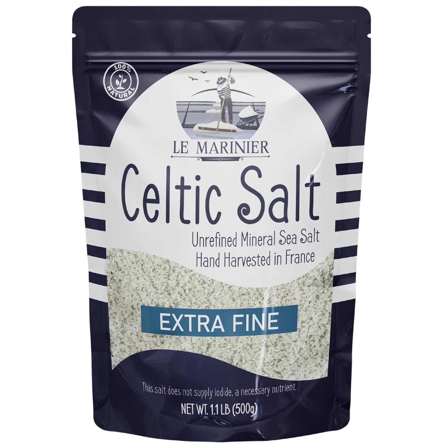 Le Marinier Celtic Salt Organic Extra Fine, 1.1 lb - 18oz. Mineral Rich 100% Natural and Unrefined. French Sea Salt with +82 Vital Minerals. Hand Harvested (1.1 lb Extra Fine)