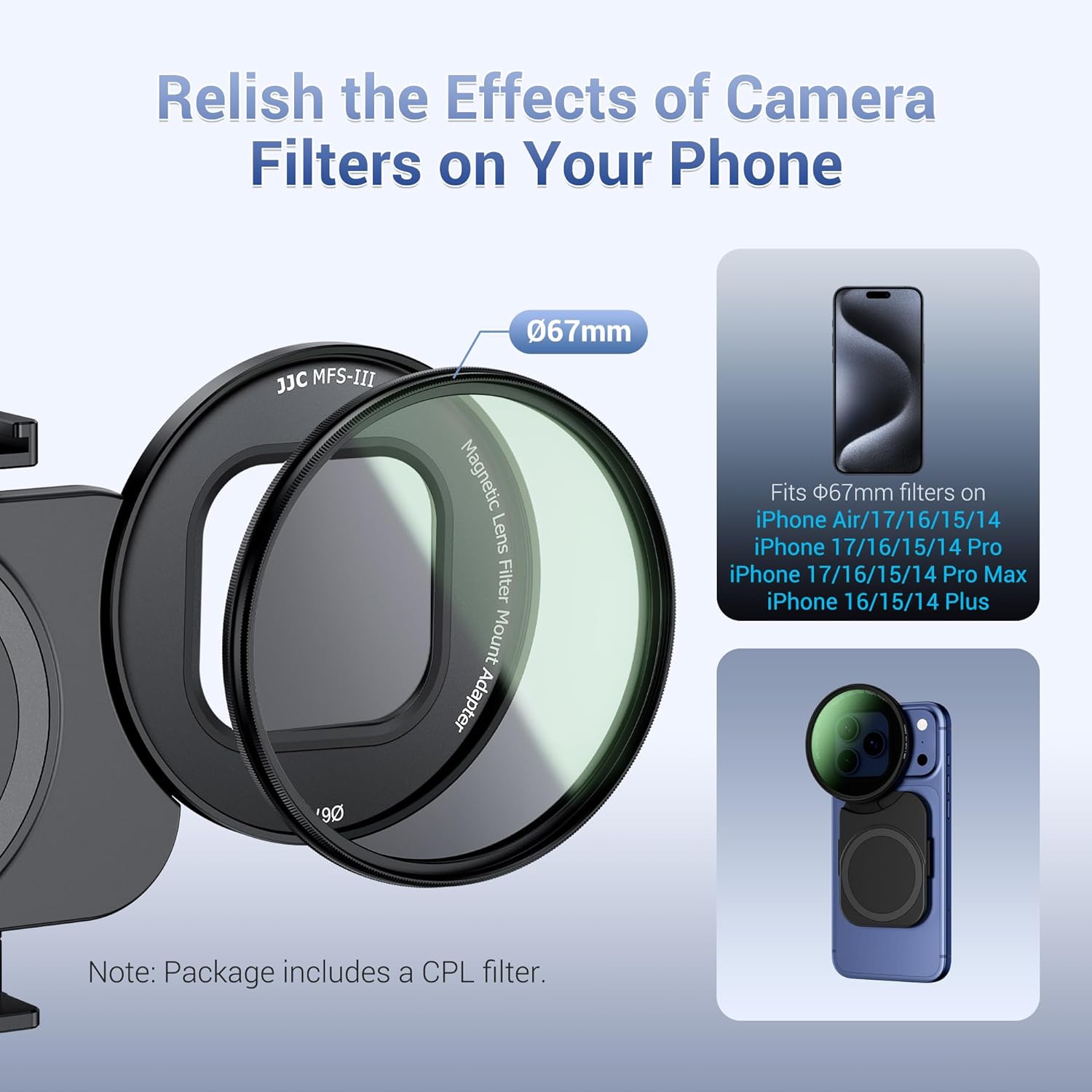 JJC 67mm CPL Filter for iPhone, Magnetic Circiular Polarizer Lens Filter Mount Adapter Kit Compatible with iPhone Air 17 16 15 14 Pro Max Plus with 1/4” Screw & Shoe Mount - Image 4