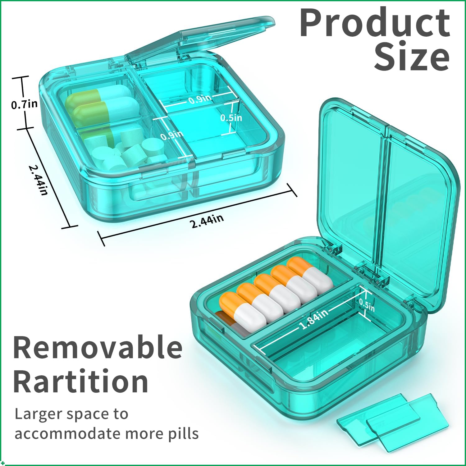 Small Pill Box,4 Compartments Travel Pill Case, Portable Pill Organizer,Mini Pill Container for Pocket,Daily Compact Travel Medicine Holder for Vitamins Fish Oil and Supplement Storage(Green+Cyan) - Image 2