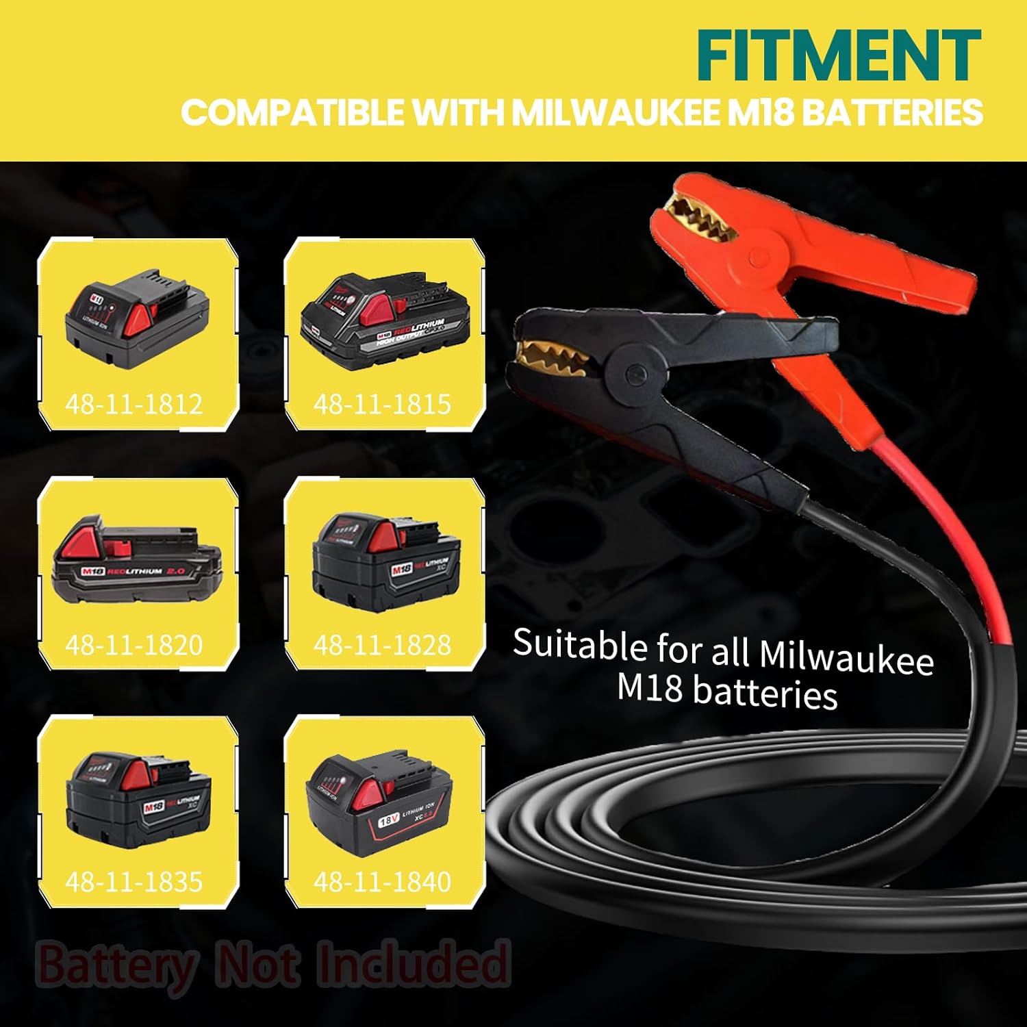 M18 Jumper Cables for Milwaukee 18V Batteries | 2FT 8AWG Booster Cable with Alligator Clips | Jump Start Cars/RVs& Charge Tools | 392°F/200°C Silicone Wire Heat Resistant (Battery Not Included) - Image 2