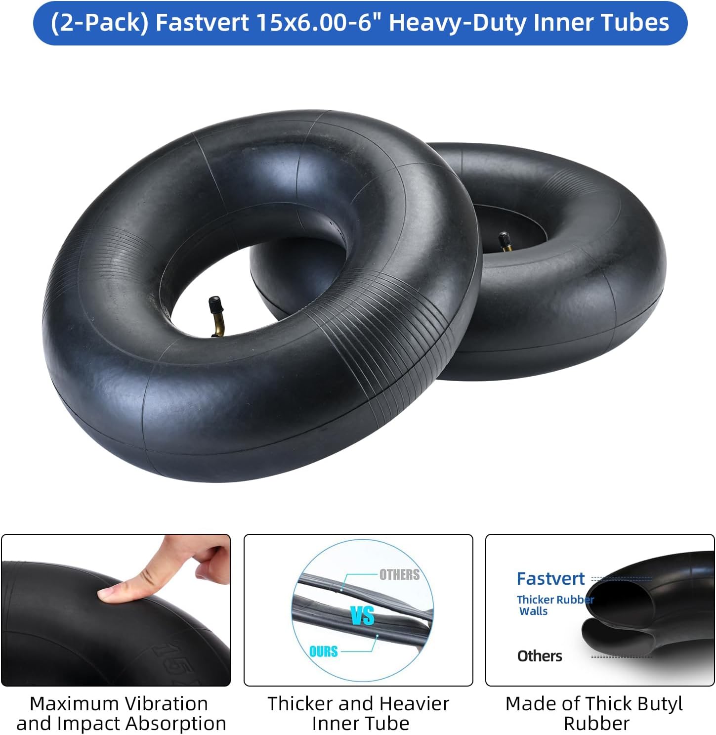 (2-Pack) Fastvert 15x6.00-6" Heavy-Duty Inner Tubes with TR-87 Bent Valve Stem for Lawn Mowers, Yard Tractors, Wheelbarrows, ATV, and More - Image 3