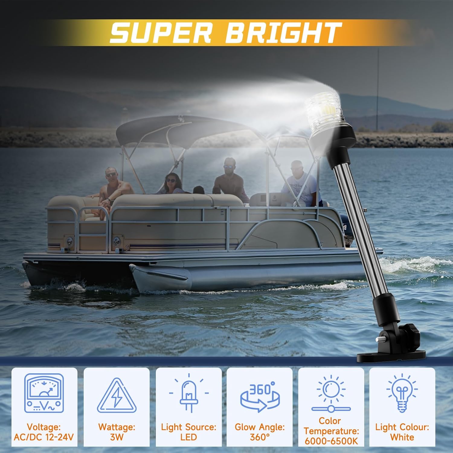 9 Inches Bimini Light for Pontoon Boat, Pontoon Navigation Lights Anchor Light Stern Lights for Bimini Top Mount Waterproof IP67, White Fold Down LED Marine Boat Rear Running Lighting - Image 7