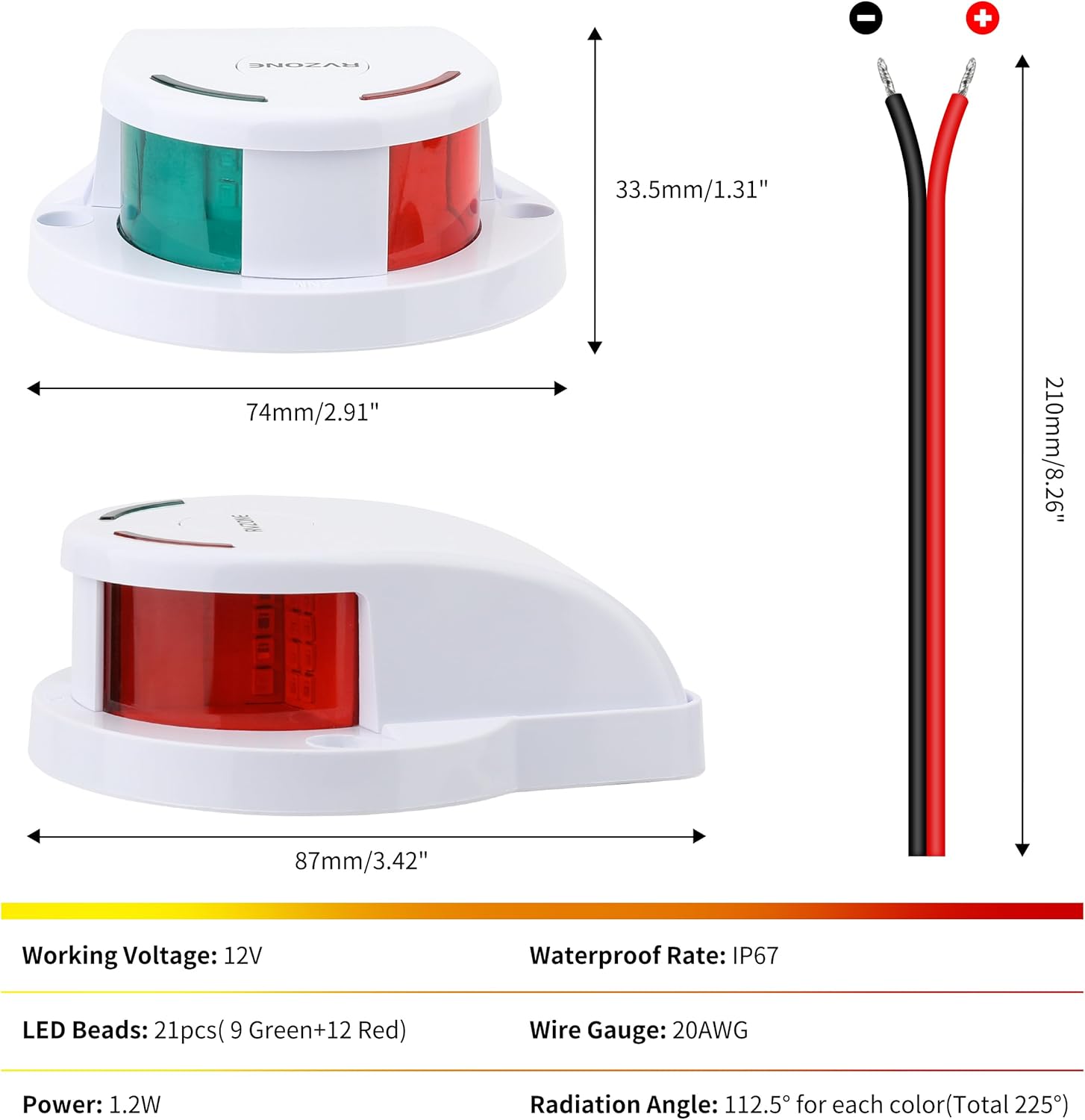 RVZONE LED Boat Navigation Light Red and Green Marine Navigation Light Led IP67 Waterproof Led Boat Lighting for Bow, Ideal for Pontoon, Skiff, Small-Boats, and Yacht (White) - Image 7