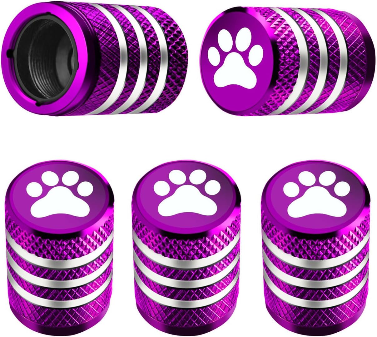 Tire Valve Stem Caps Cover - (5 Pack) Tire Air Caps Metal with Plastic Liner Corrosion Resistant Leak-Proof Dog Paw Print for Car Truck Motorcycle Bike Purple