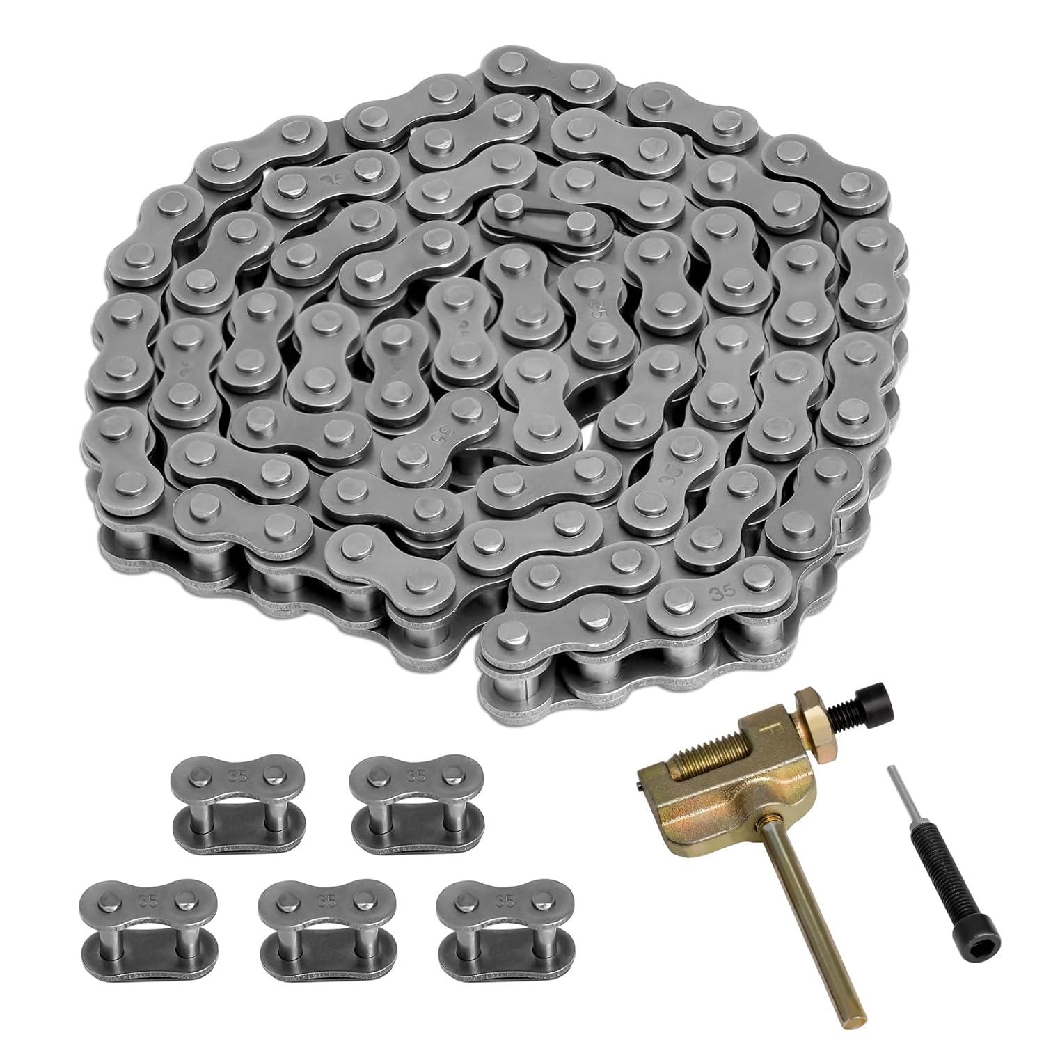 #35 Roller Chain, 3 Feet 35 Chain with 5 Master Links, Chain Breaker- Carbon Steel Chain for Mini Bike, Go Kart, Motorcycle, Scooter, Bicycle, Home and Industrial Machinery - 96 Links