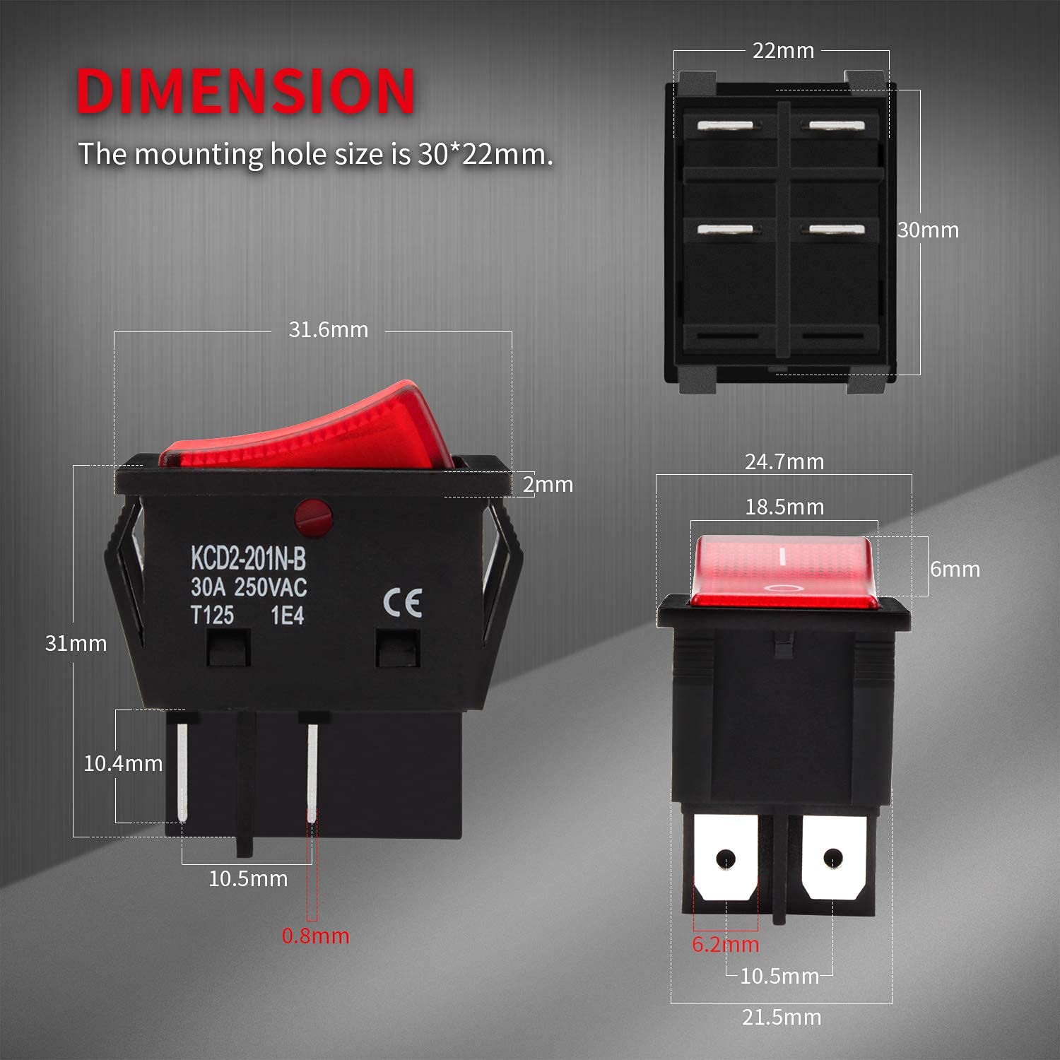 DaierTek 30A 250V KCD2 KCD4 Rocker Switch DPST 4 Pin Red Lighted 120V Rocker Toggle Switch ON Off Heavy Duty T125-3Pack - Image 3