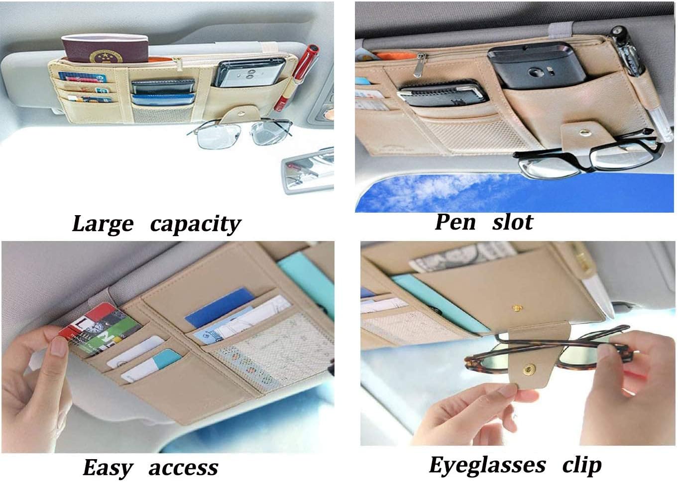 Car Sun Visor Organizer, Auto Car Interior Leather Accessories Storage Pocket Sun Visor Pouch Case Bag for Card License Registration Pen Mobile Phone Bill Note Key Document (Beige) - Image 2