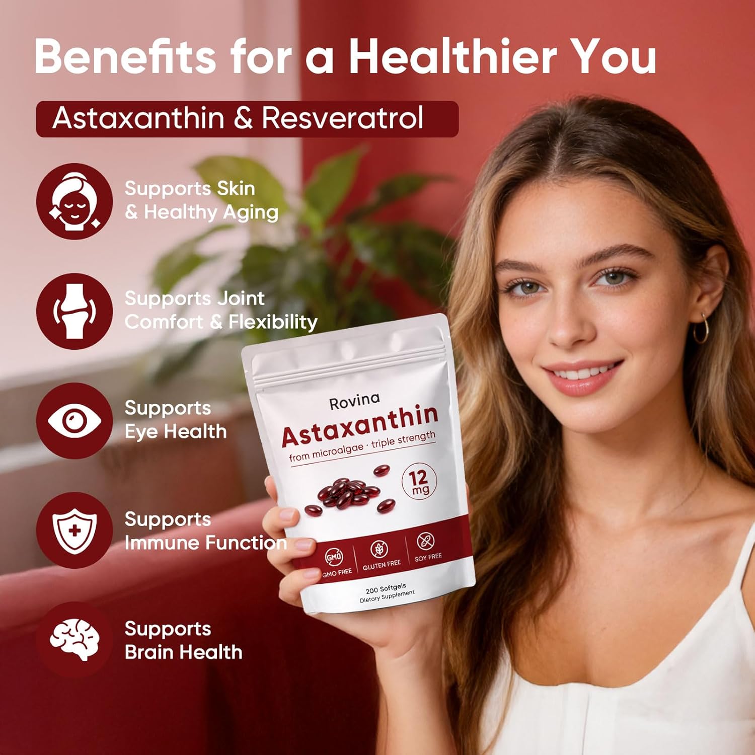 Rovina Astaxanthin 12mg Softgels, Zions Organic astaxanthin Antioxidant Supplement for Daily Wellness, Immune, Eye & Skin Support, Internal Circulation, Non-GMO, Gluten Free - 200 Softgels (1) - Image 3