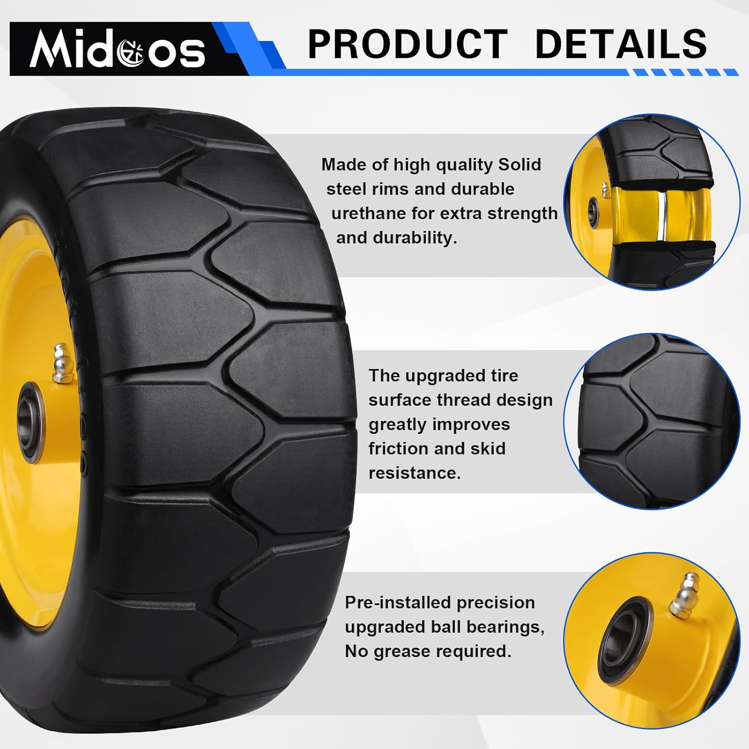 11x4.00-5'' Lawn Mower Tires Flat Free, 11x4-5 Solid Tires and Wheel, Zero Turn Mower Front Tires with 3/4" or 5/8" & 1/2" Precision bearings, 3.4"-5.6" Centered Hub for Zero-Turn Lawn Mower (2 Pack) - Image 3