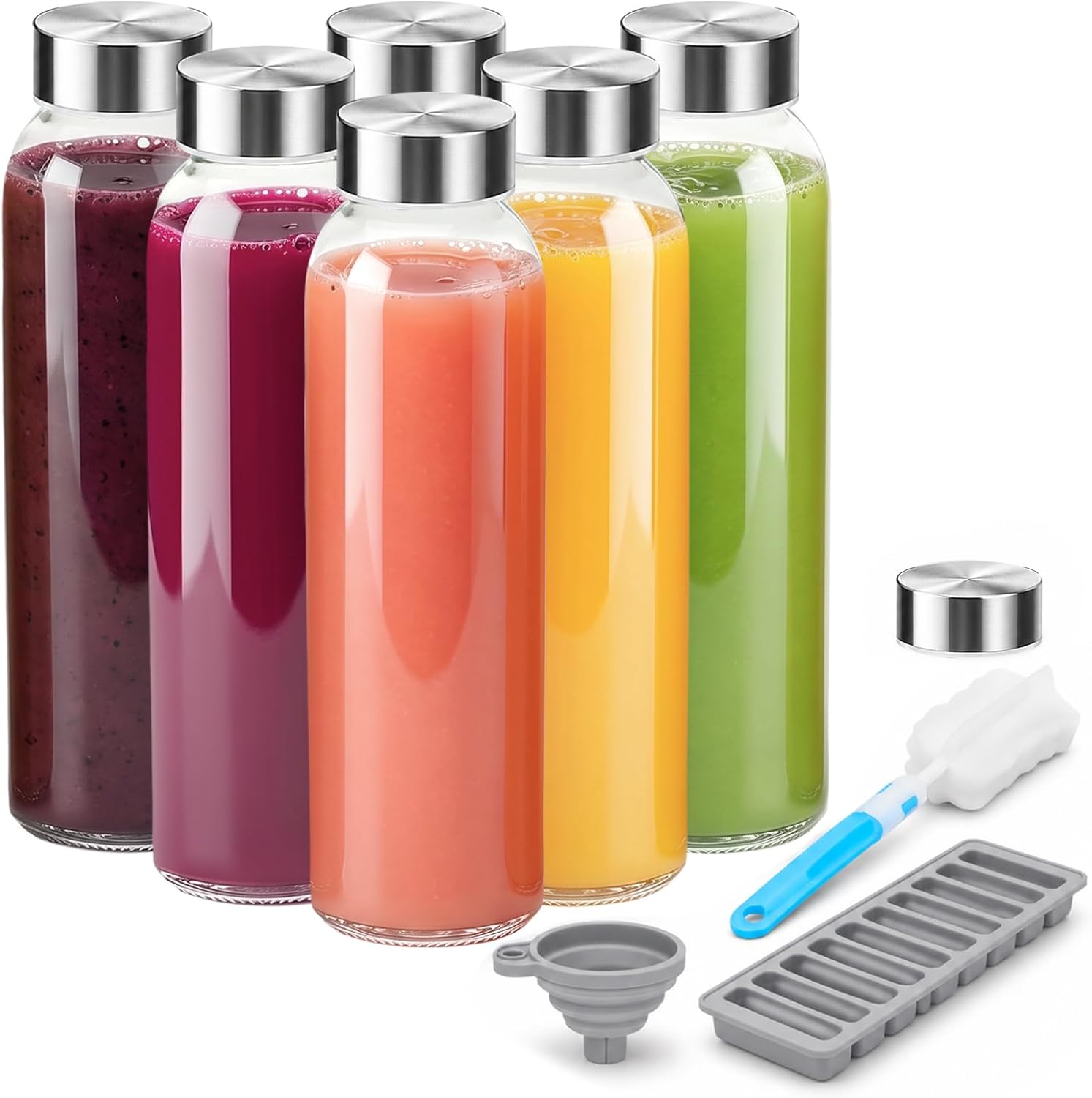 Zukro Glass Juice Bottles with Lids 18 oz, Leak Proof Reusable Clear Glass Bottle with Stainless Steel Airtight Cap for Juicing, Water, Smoothie, Homemade Beverage, Fridge Safe, BPA Free, Set of 6