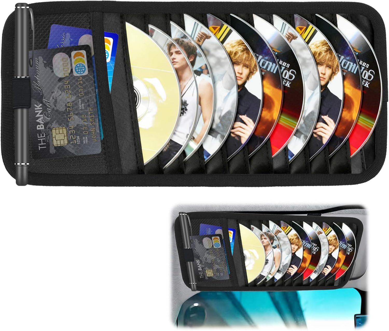 Sun Visor CD Holder, 12-Capacity Car Visor Organizer with DVD Sleeves and Mesh Pocket, Universal Visor Storage for Vehicle CD Case and Pen Holder Ergonomic Design (Black 1 Pcs) - Image 7