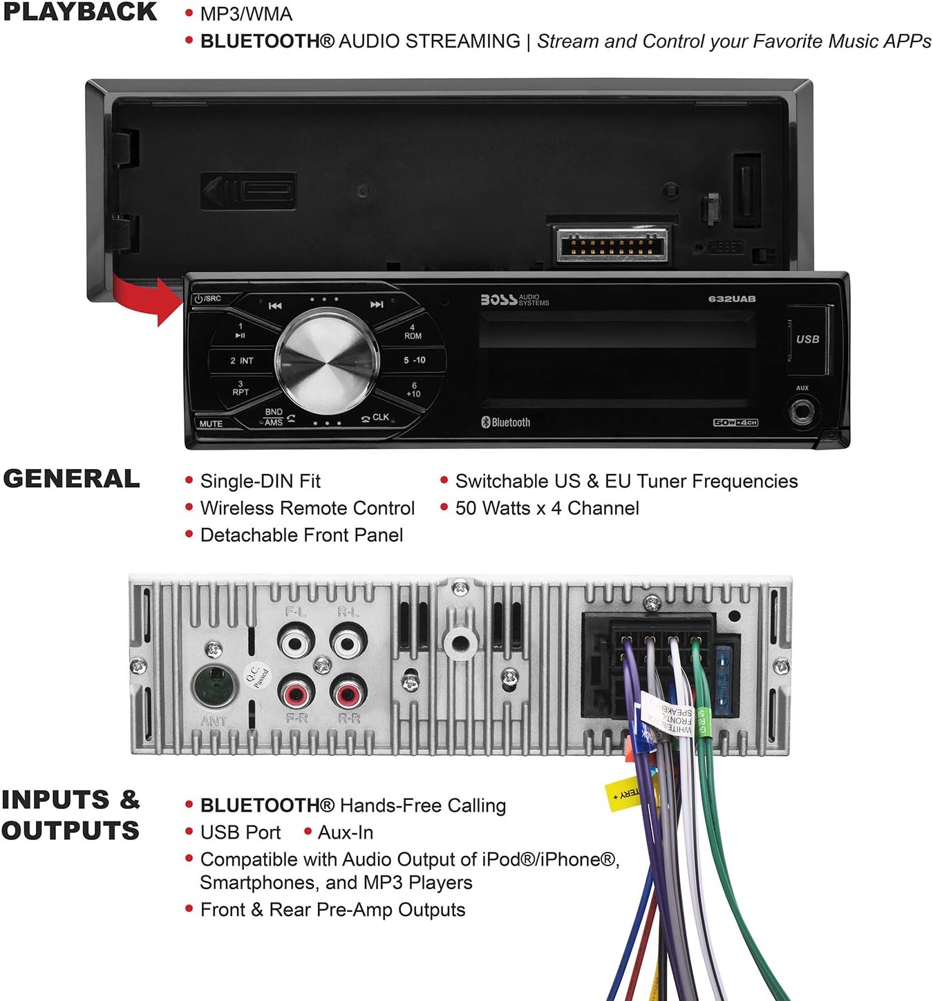 BOSS Audio Systems 632UAB Car Stereo - Single Din, Bluetooth, No CD DVD Player, AM/FM Radio Receiver, Wireless Remote Control, Aux in, USB - Image 5