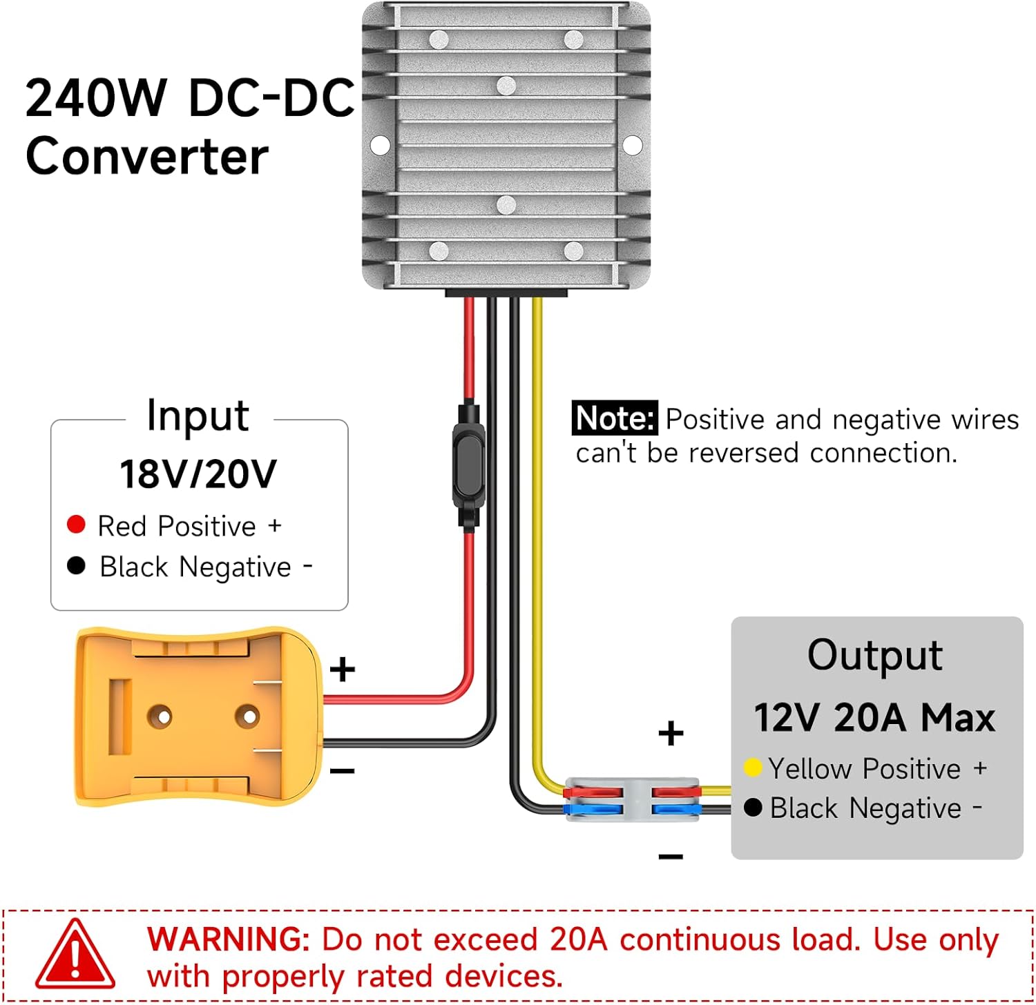 Azocek 20V to 12V Step Down Converter Compatible with DeWalt 20V Battery, 20A 240W DC 12V Buck Converter Adapter for Power Wheel, with 30A Fuse & Wiring Terminal - Image 2