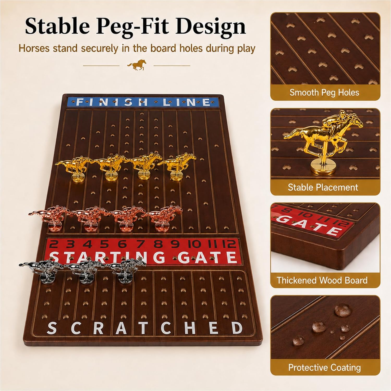 Jyquorp Horse Race Board Game Wooden Kentucky Derby Party Game Set with 11 Metal Horses, 2 Dice & 2 Card Decks, Large Solid Wood Horse Racing Board Game for Family & Adults (15.6" x 10") - Image 5