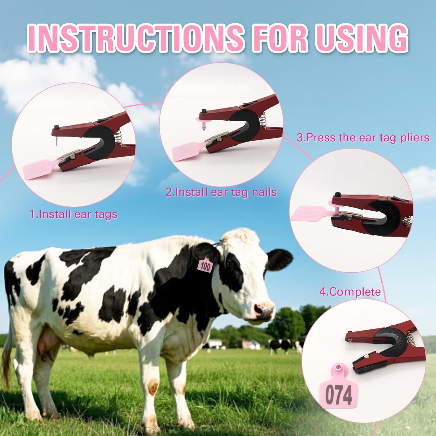 Cattle Ear Tags 001-100 Number Plastic Livestock Animal Tag for Cows Ear Tag Applicator Kit (Pink) - Image 4