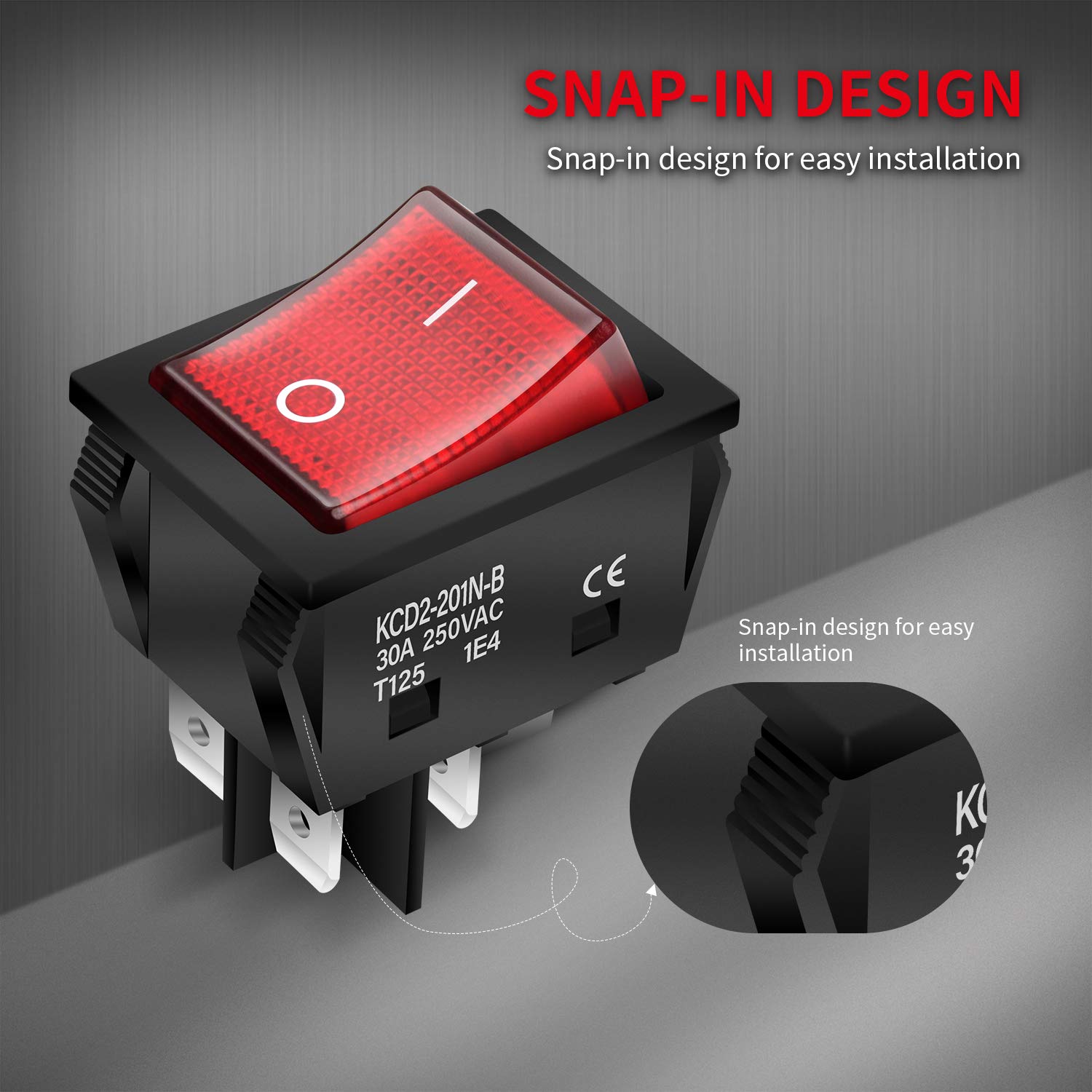 DaierTek 30A 250V KCD2 KCD4 Rocker Switch DPST 4 Pin Red Lighted 120V Rocker Toggle Switch ON Off Heavy Duty T125-3Pack - Image 6