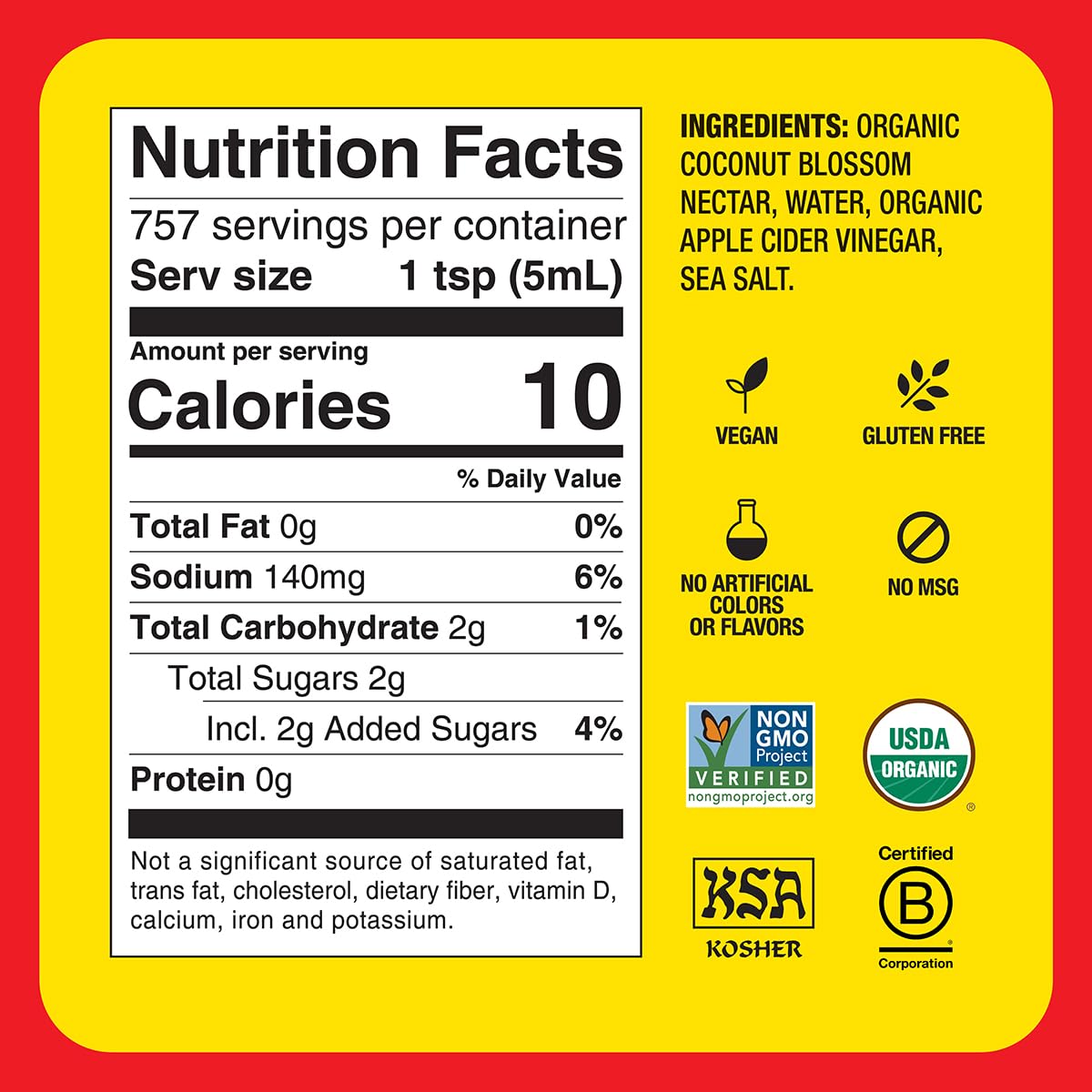 Bragg Organic Coconut Aminos, Soy-Free Seasoning - Vegan, Gluten Free, No GMO’s, Kosher Certified (128 Ounce) - Image 2